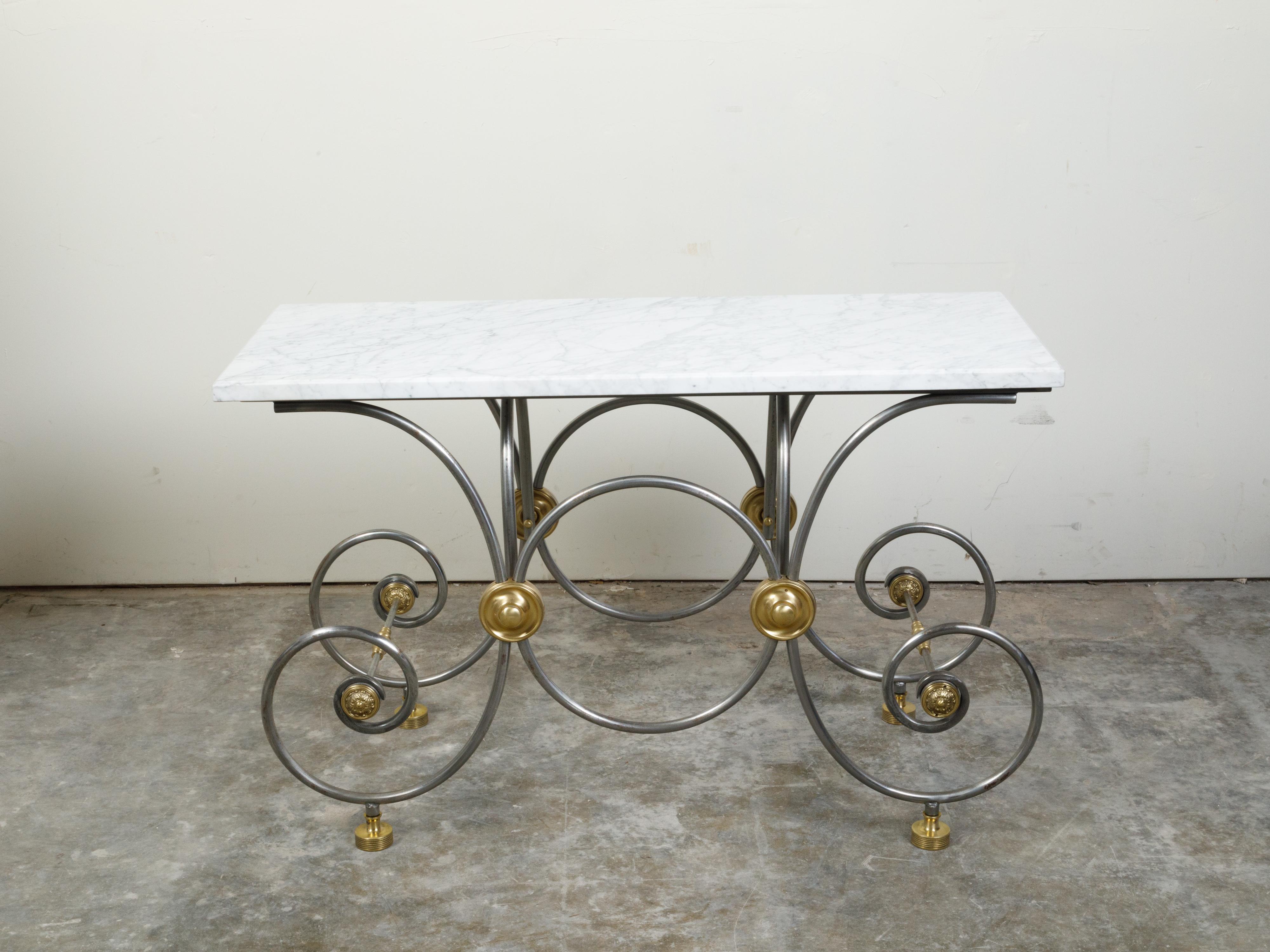 French 1880s Steel and Brass Baker's Table with Scrolling Base and Marble Top In Good Condition For Sale In Atlanta, GA