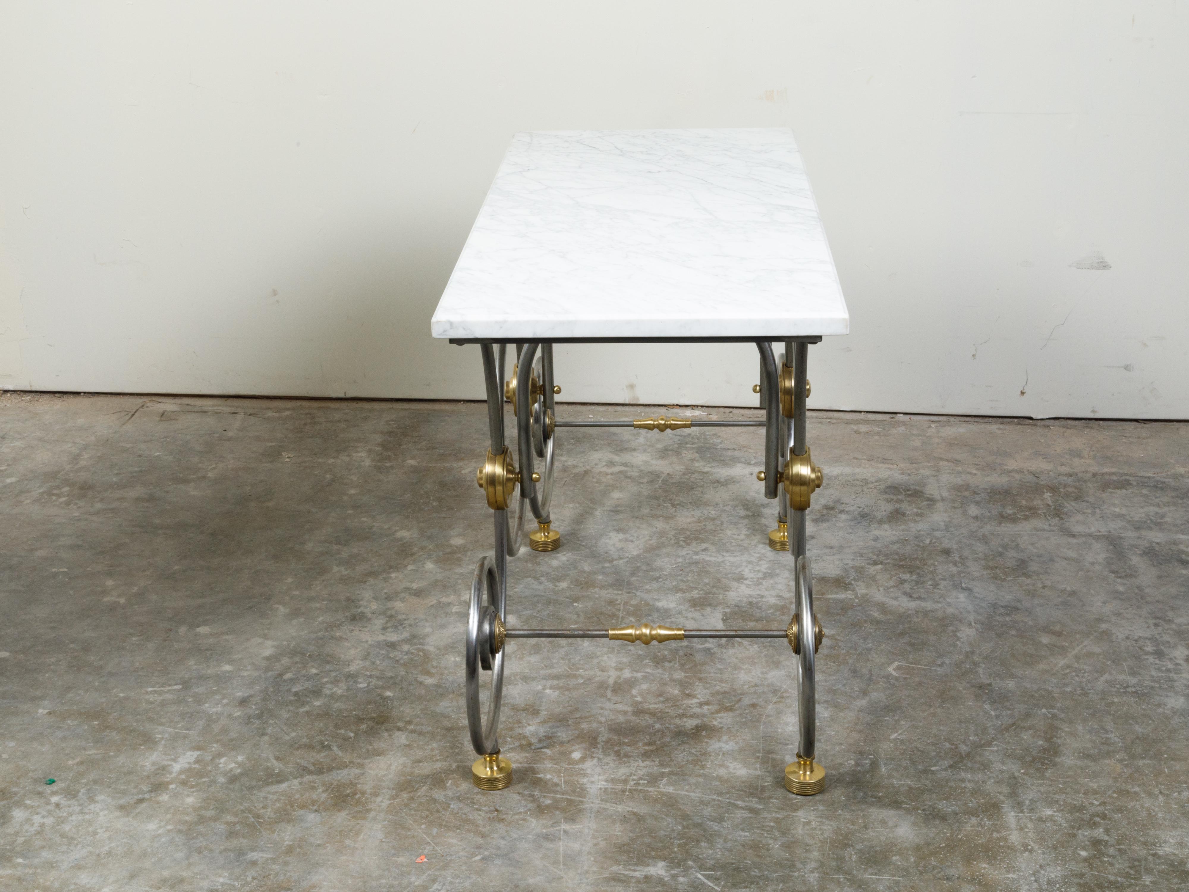 19th Century French 1880s Steel and Brass Baker's Table with Scrolling Base and Marble Top For Sale