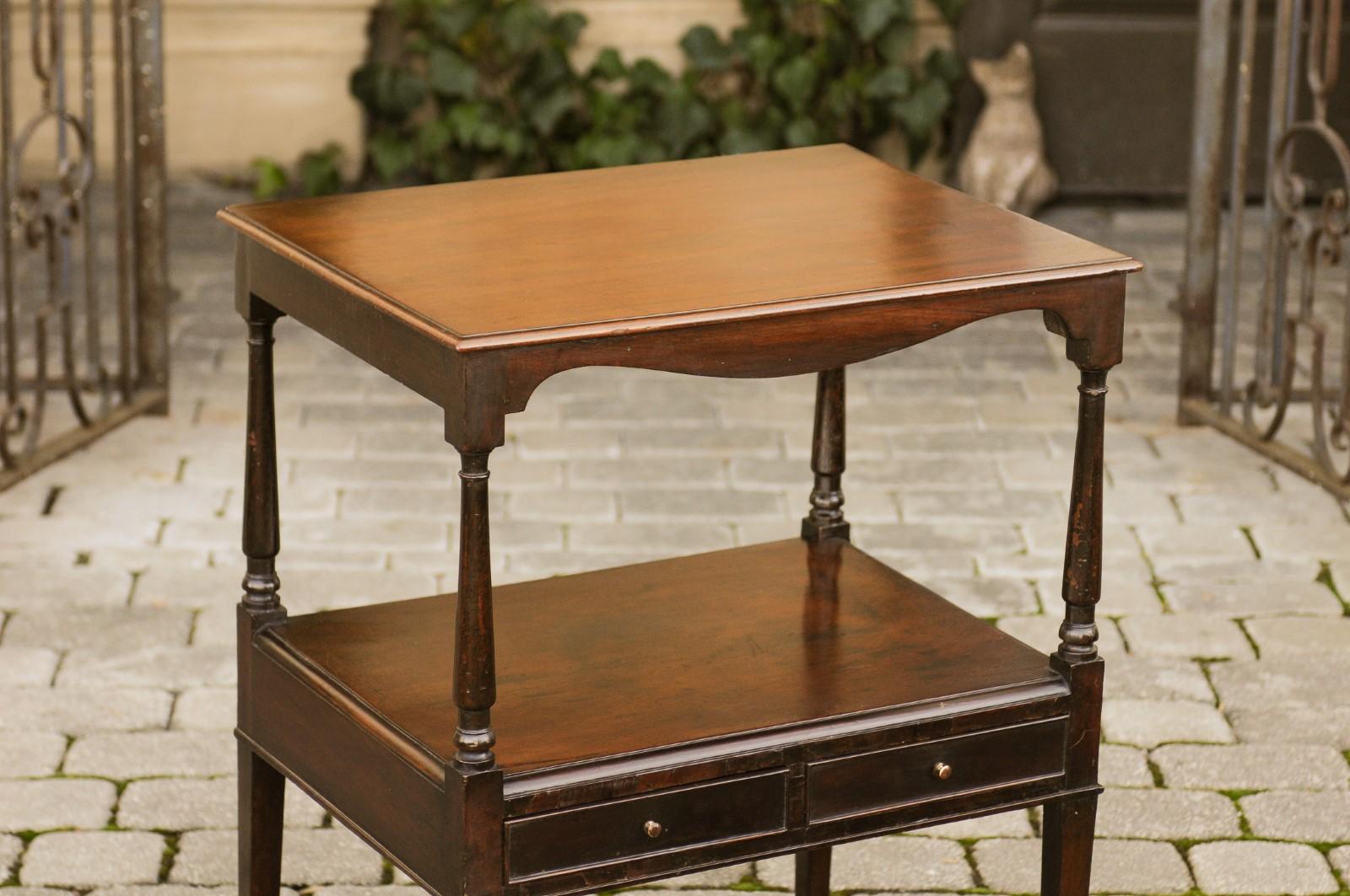 19th Century French 1880s Tiered Mahogany Table with Valanced Apron, Lower Shelf and Drawers