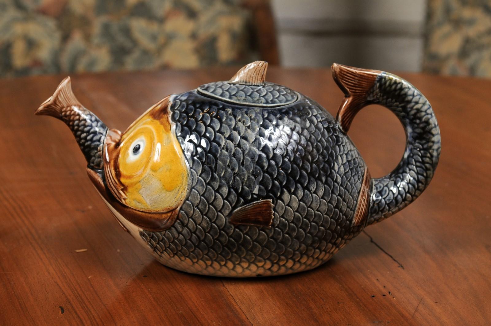 French 1885s Glazed Majolica Teapot Depicting a Fish Eating Another Fish 6