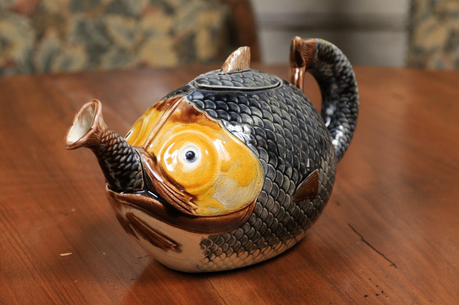 French 1885s Glazed Majolica Teapot Depicting a Fish Eating Another Fish 7