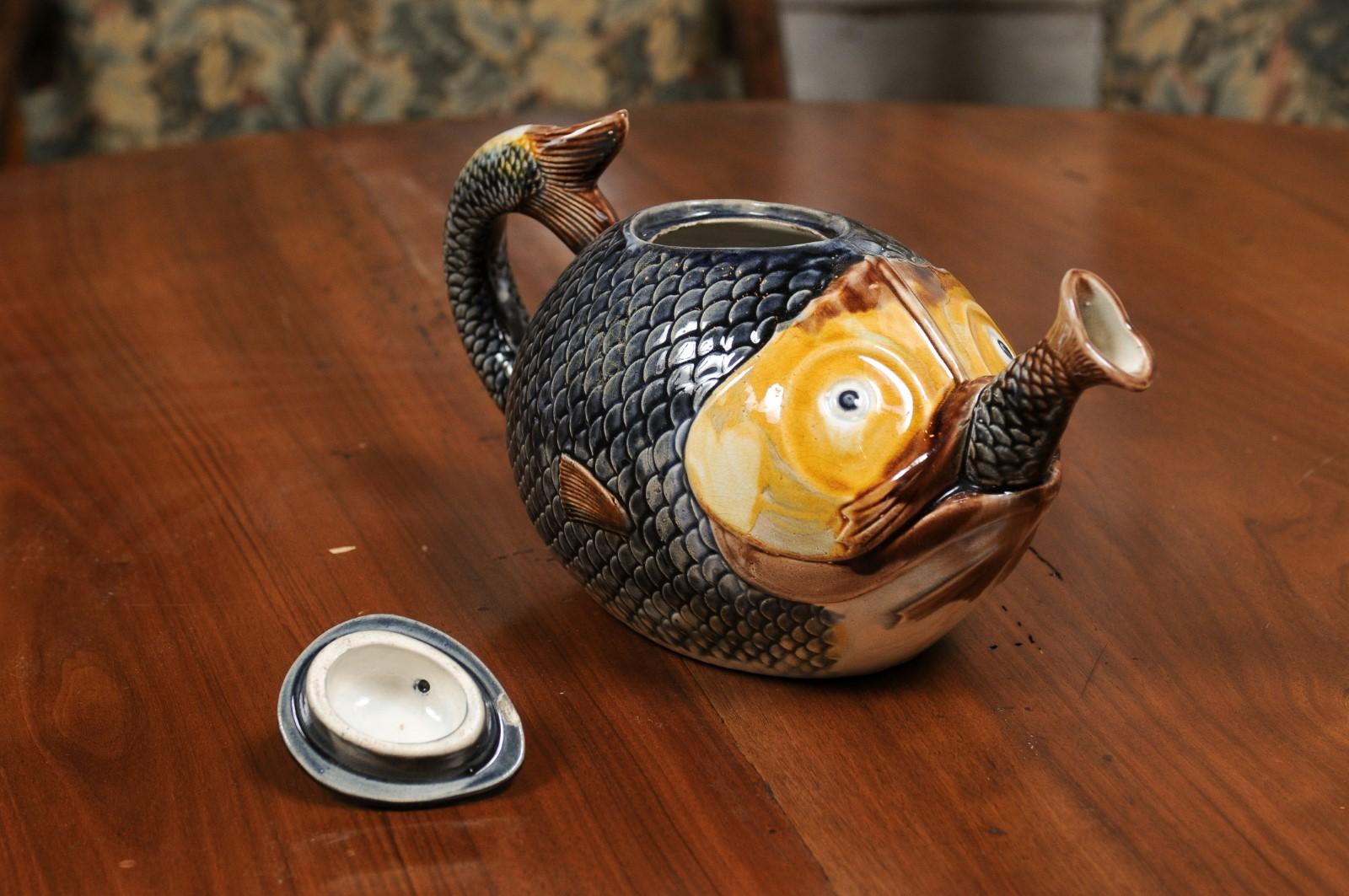 French 1885s Glazed Majolica Teapot Depicting a Fish Eating Another Fish 9