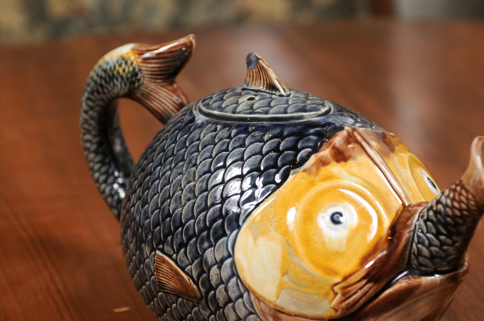 French 1885s Glazed Majolica Teapot Depicting a Fish Eating Another Fish 1