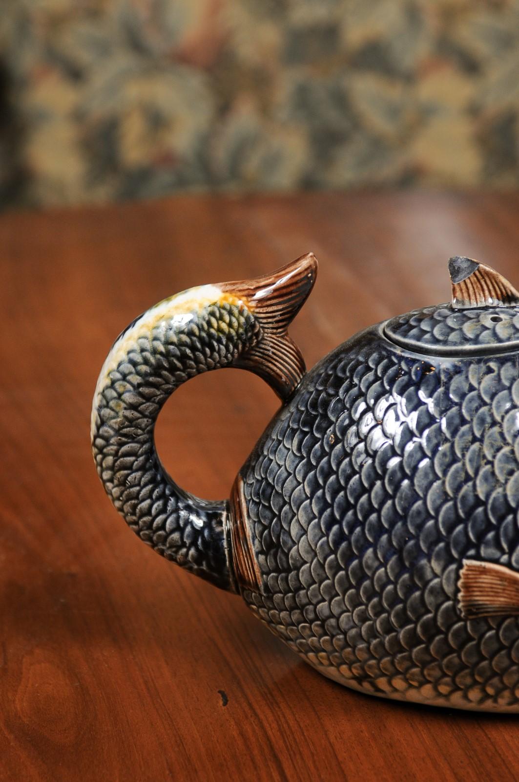 French 1885s Glazed Majolica Teapot Depicting a Fish Eating Another Fish 2