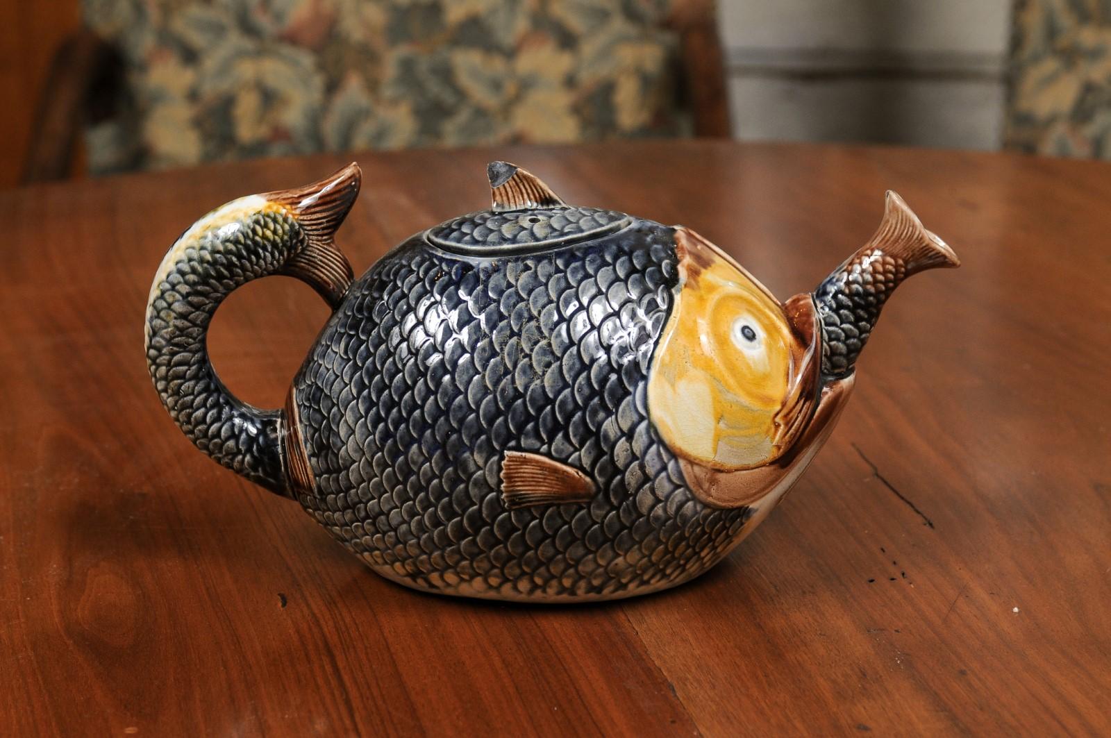 French 1885s Glazed Majolica Teapot Depicting a Fish Eating Another Fish 3