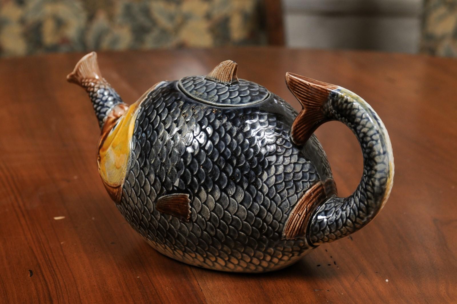 French 1885s Glazed Majolica Teapot Depicting a Fish Eating Another Fish 5