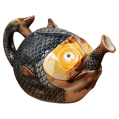 French 1885s Glazed Majolica Teapot Depicting a Fish Eating Another Fish