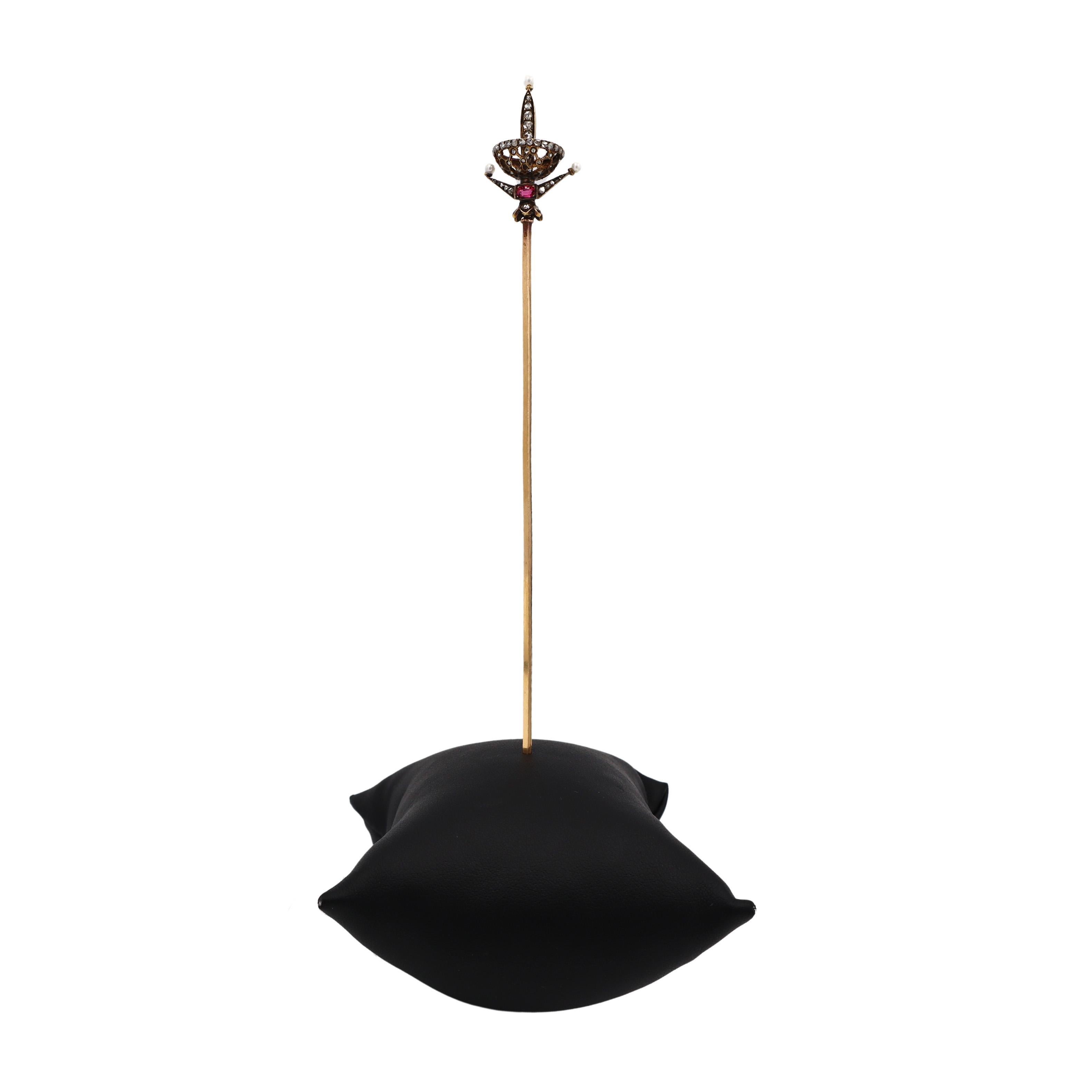 French 1890 antique 18kt Gold Hat Pin holder with Diamonds, Pearls and Ruby For Sale 5