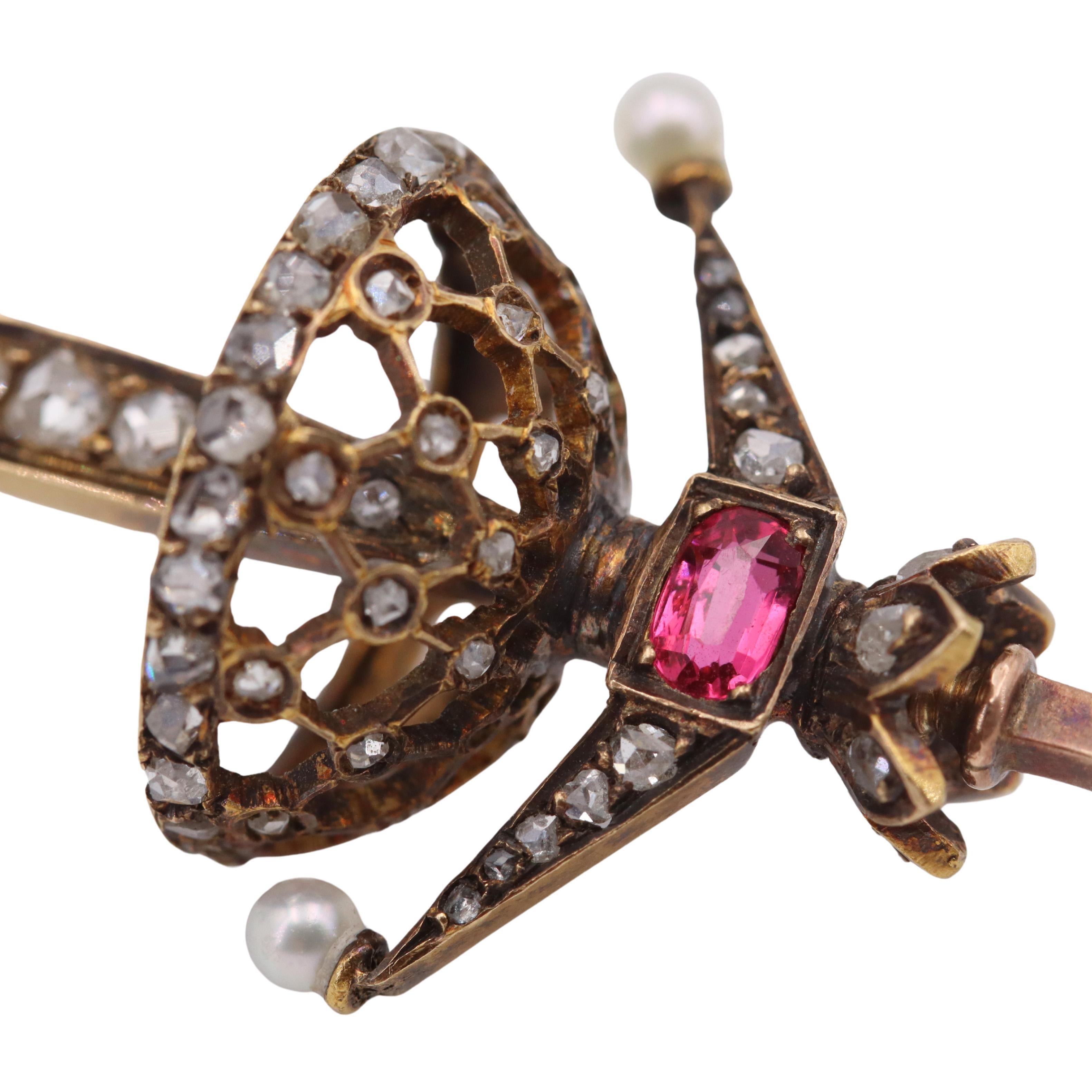 French 1890 antique 18kt Gold Hat Pin holder with Diamonds, Pearls and Ruby In Excellent Condition For Sale In Aventura, FL