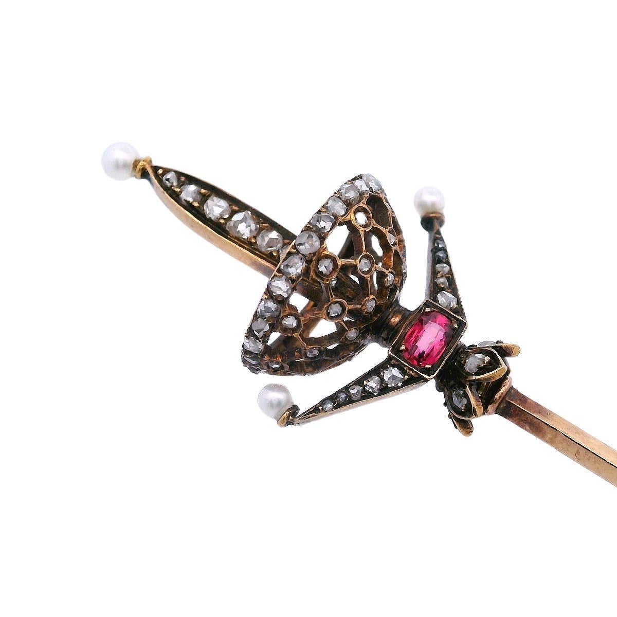 Women's or Men's French 1890 antique 18kt Gold Hat Pin holder with Diamonds, Pearls and Ruby For Sale