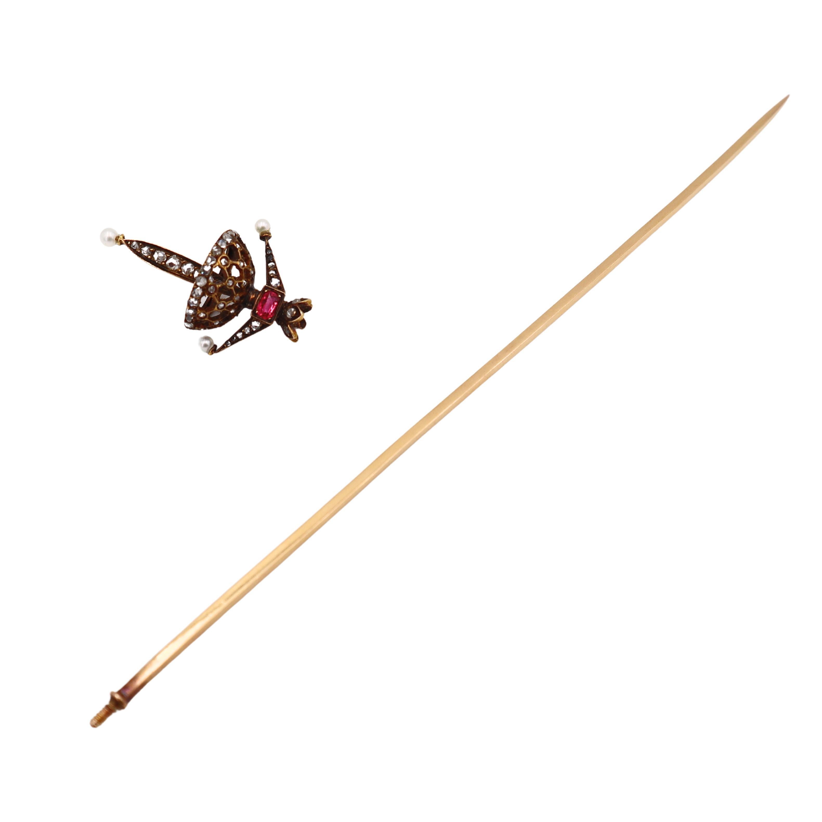 French 1890 antique 18kt Gold Hat Pin holder with Diamonds, Pearls and Ruby For Sale 1