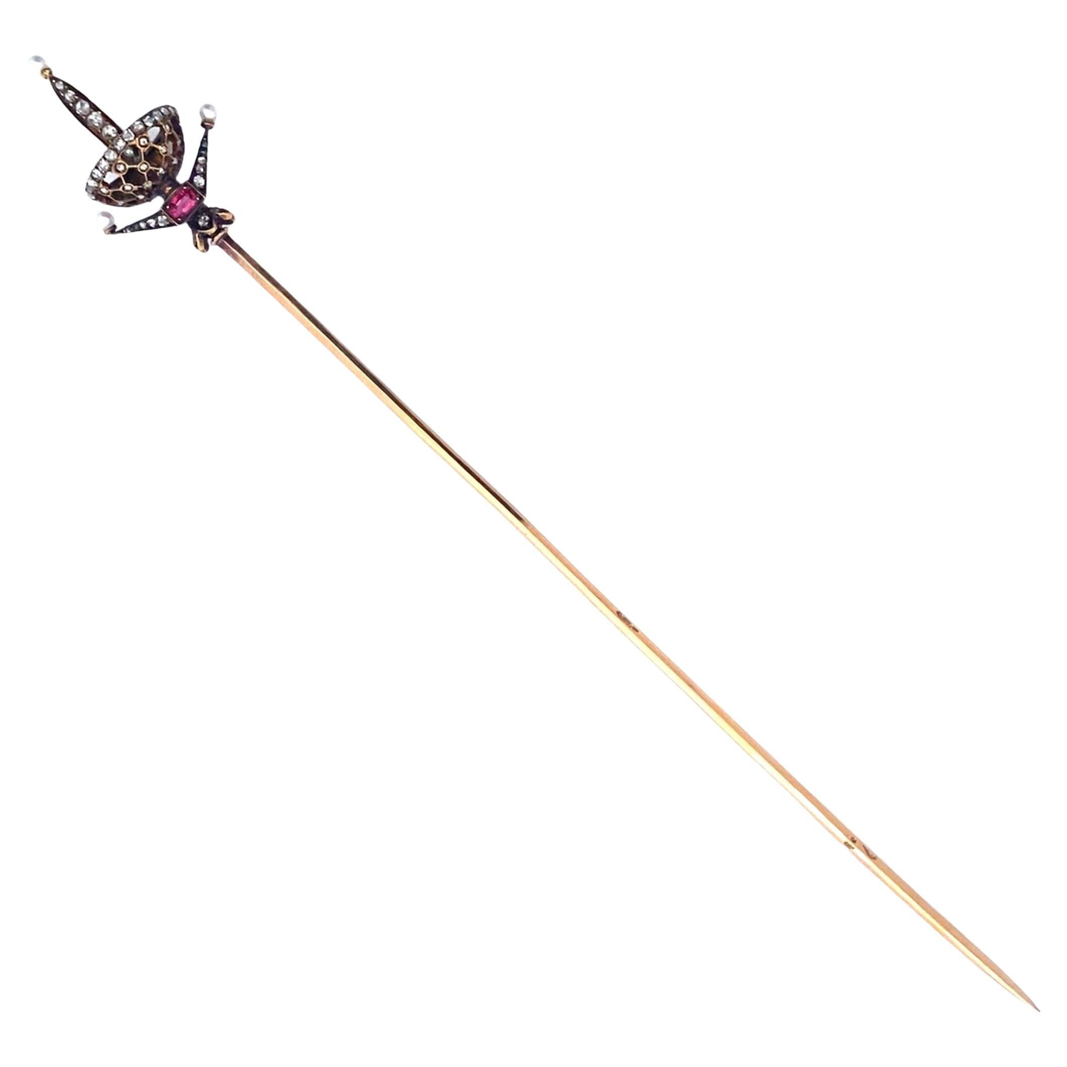 French 1890 antique 18kt Gold Hat Pin holder with Diamonds, Pearls and Ruby