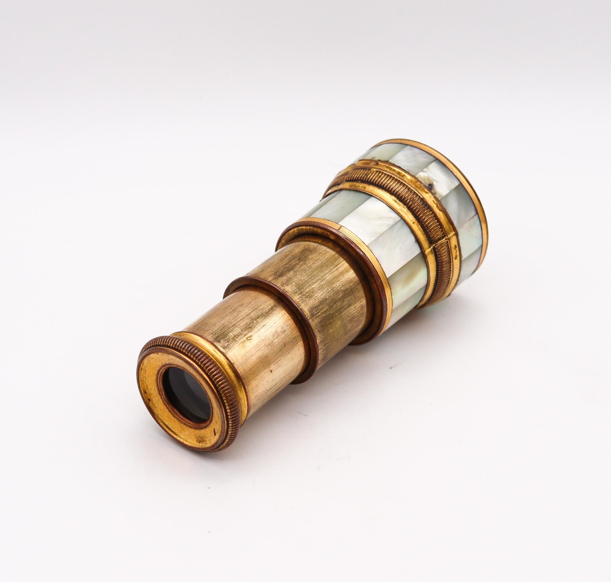 French two-Draws Monocular Telescope.

Very unusual monocular telescope, created in France during the last three-quarters of the 19th century, circa 1890. This is a personal pocket luxury monocular telescope, crafted with 2-draws in solid gilt