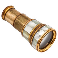 French 1890 Antique 2-Draws Monocular Telescope In Gilt Bronze And White Nacre