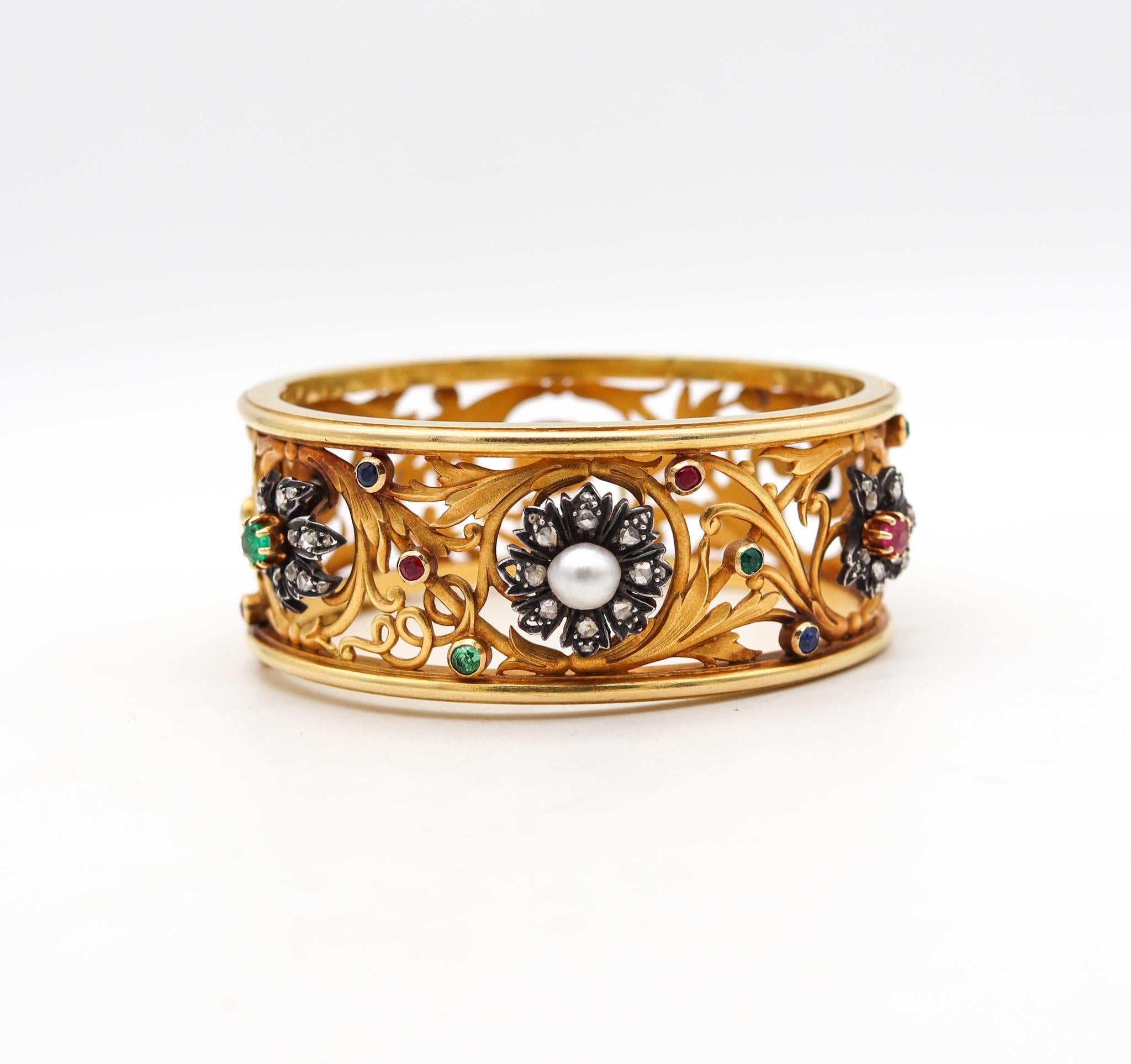 Mixed Cut French 1890 Art Nouveau Bangle Bracelet In 18Kt Yellow Gold With Gemstones For Sale