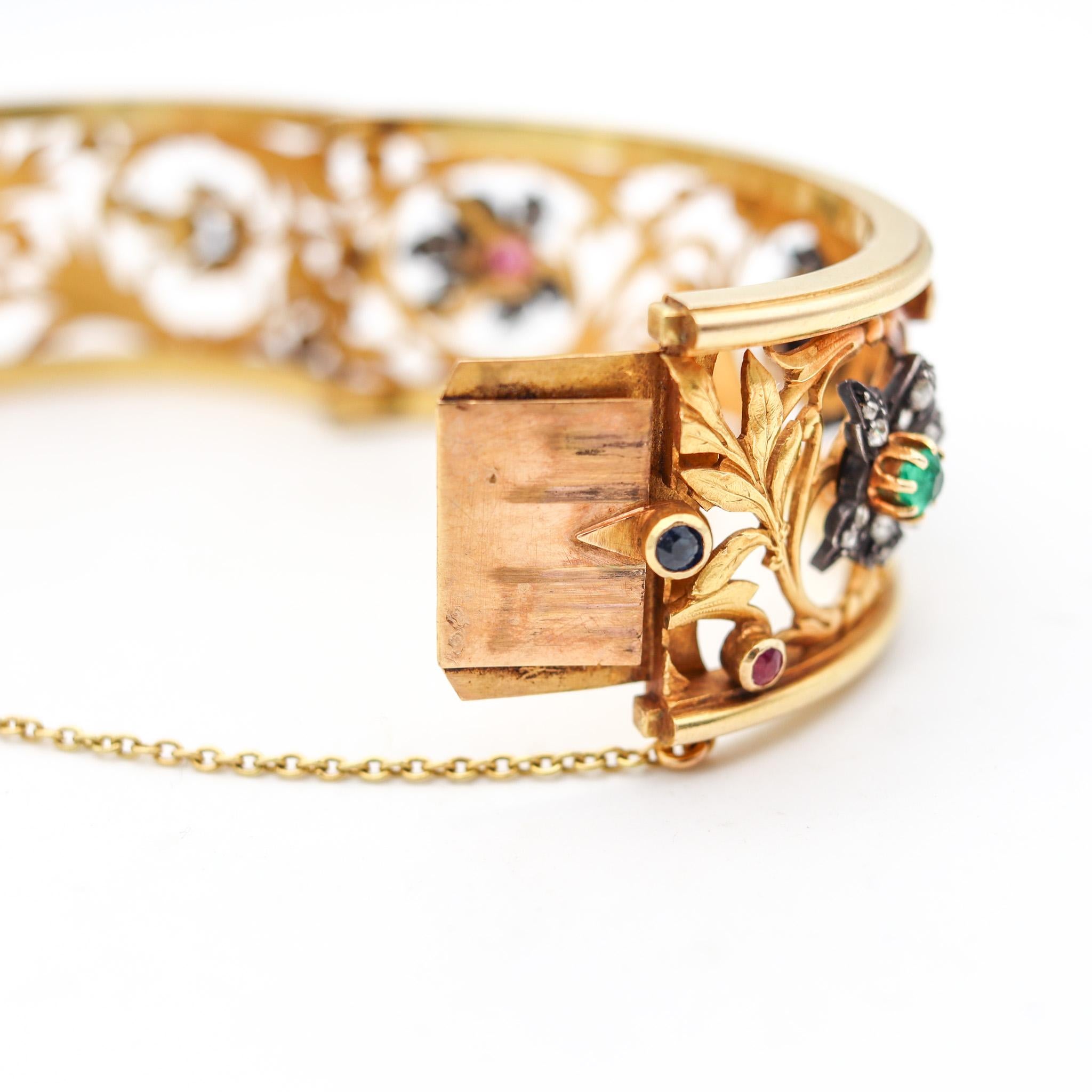 Women's French 1890 Art Nouveau Bangle Bracelet In 18Kt Yellow Gold With Gemstones For Sale