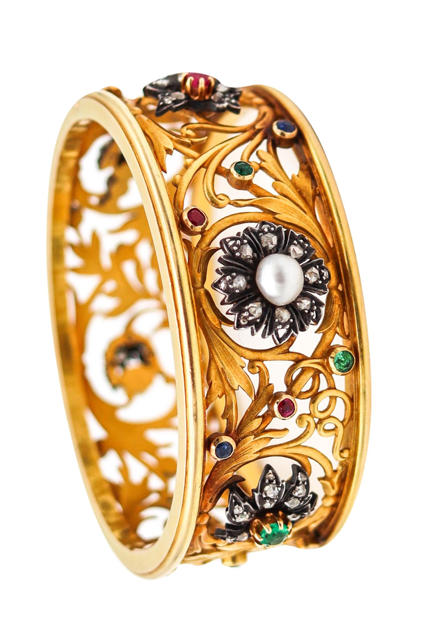 Bracelet jonc Art nouveau français de 1890 en or jaune 18 carats avec pierres précieuses