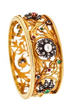 Bracelet jonc Art nouveau français de 1890 en or jaune 18 carats avec pierres précieuses