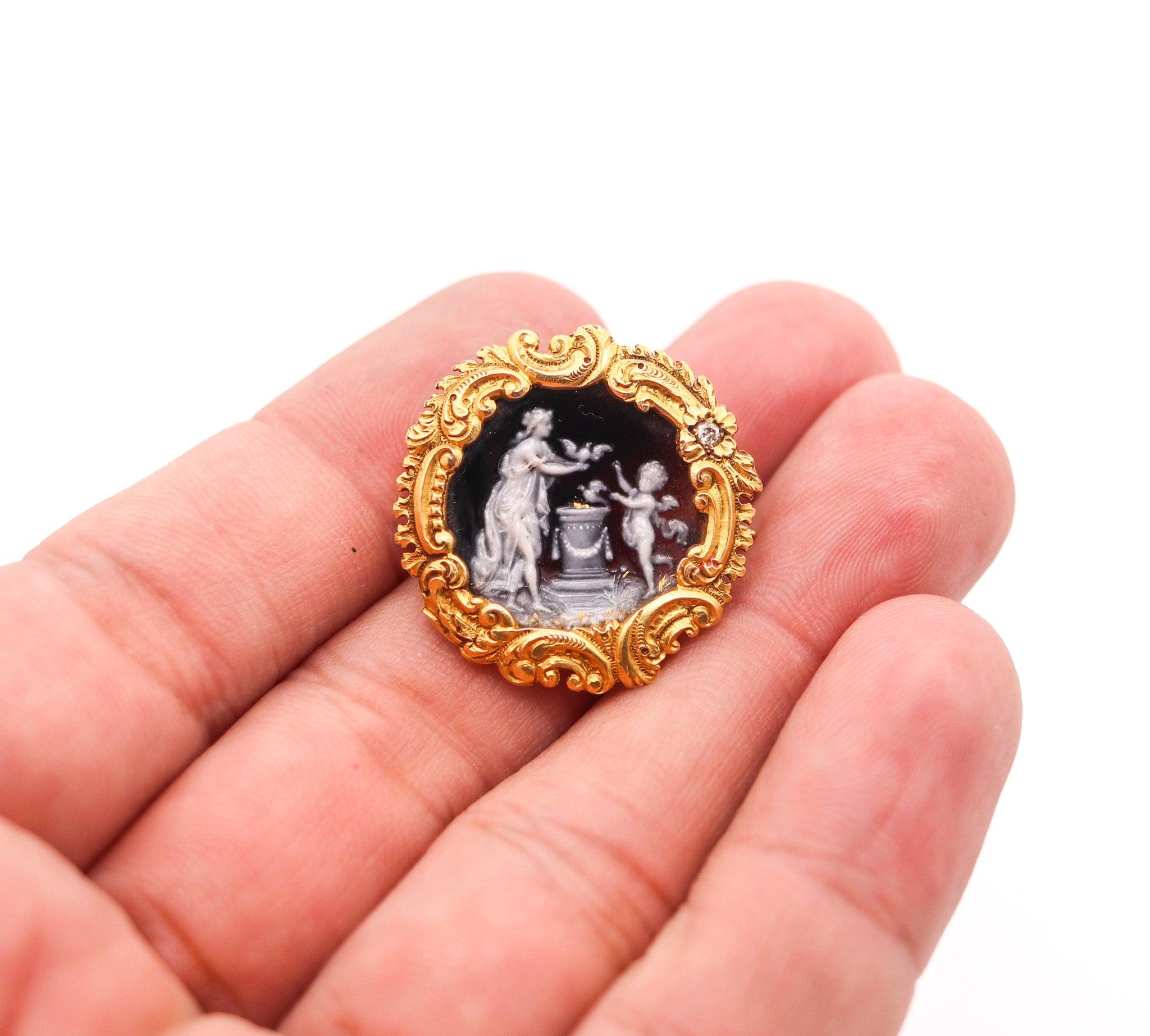 FRENCH 1890 Art Nouveau Limoges Enameled Pendant Brooch In 18Kt Yellow Gold 1