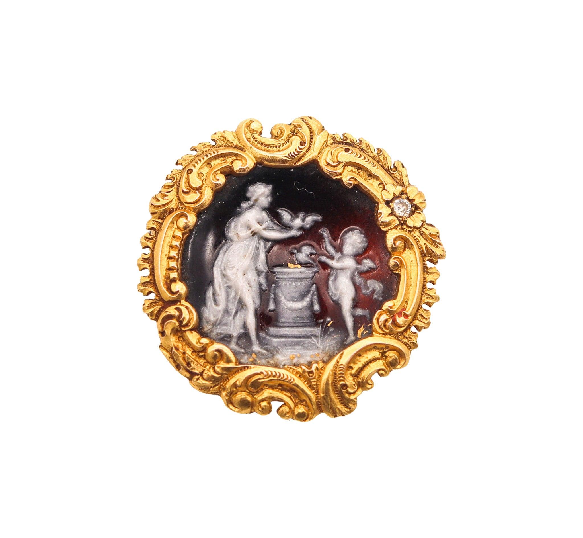 FRENCH 1890 Art Nouveau Limoges Enameled Pendant Brooch In 18Kt Yellow Gold 3