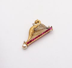 French 1890 Art Nouveau Swan Arp Brooch 18Kt Gold With 5.05 Ctw Rubies Diamonds