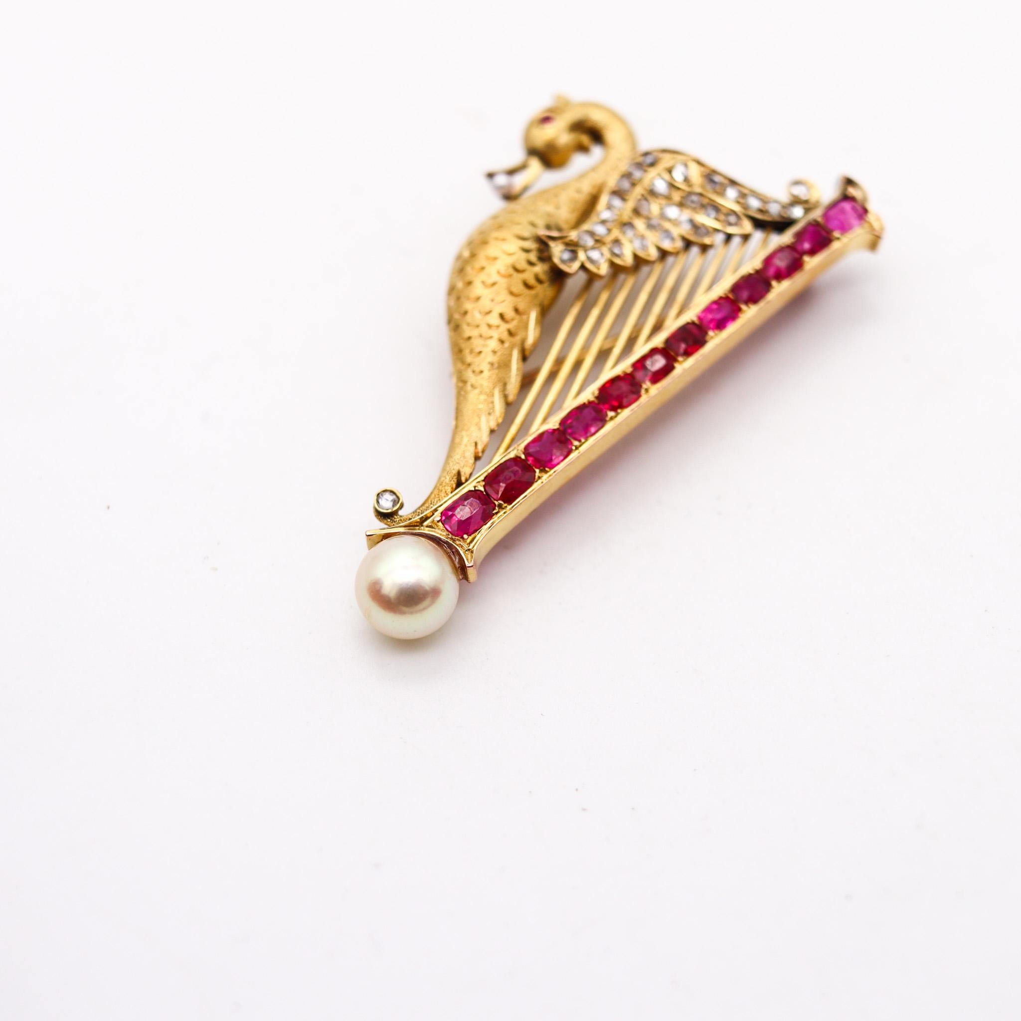 French Cut French 1890 Art Nouveau Swan Arp Brooch 18Kt Gold With 5.05 Ctw Rubies Diamonds For Sale