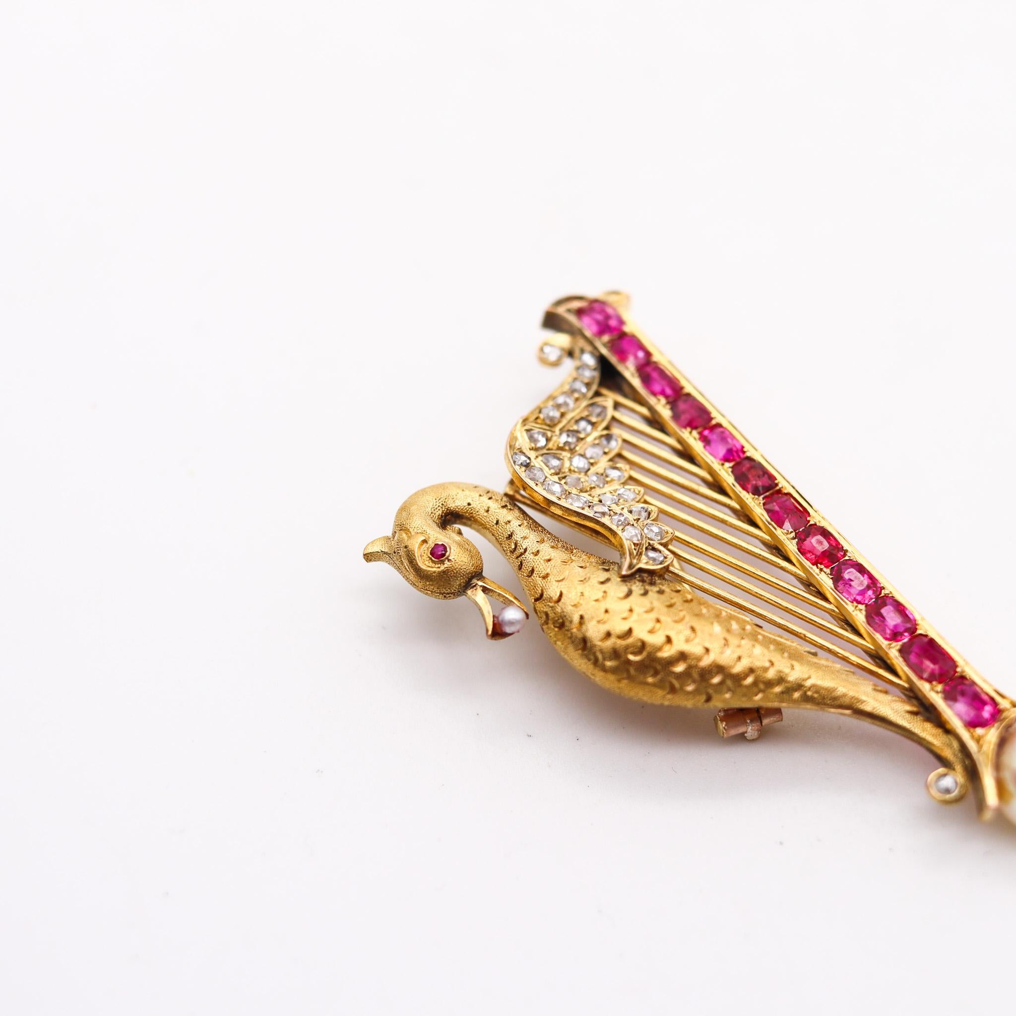 Französisch 1890 Art Nouveau Swan Arp Brosche 18Kt Gold mit 5,05 Ctw Rubinen Diamanten (Französischer Schliff) im Angebot