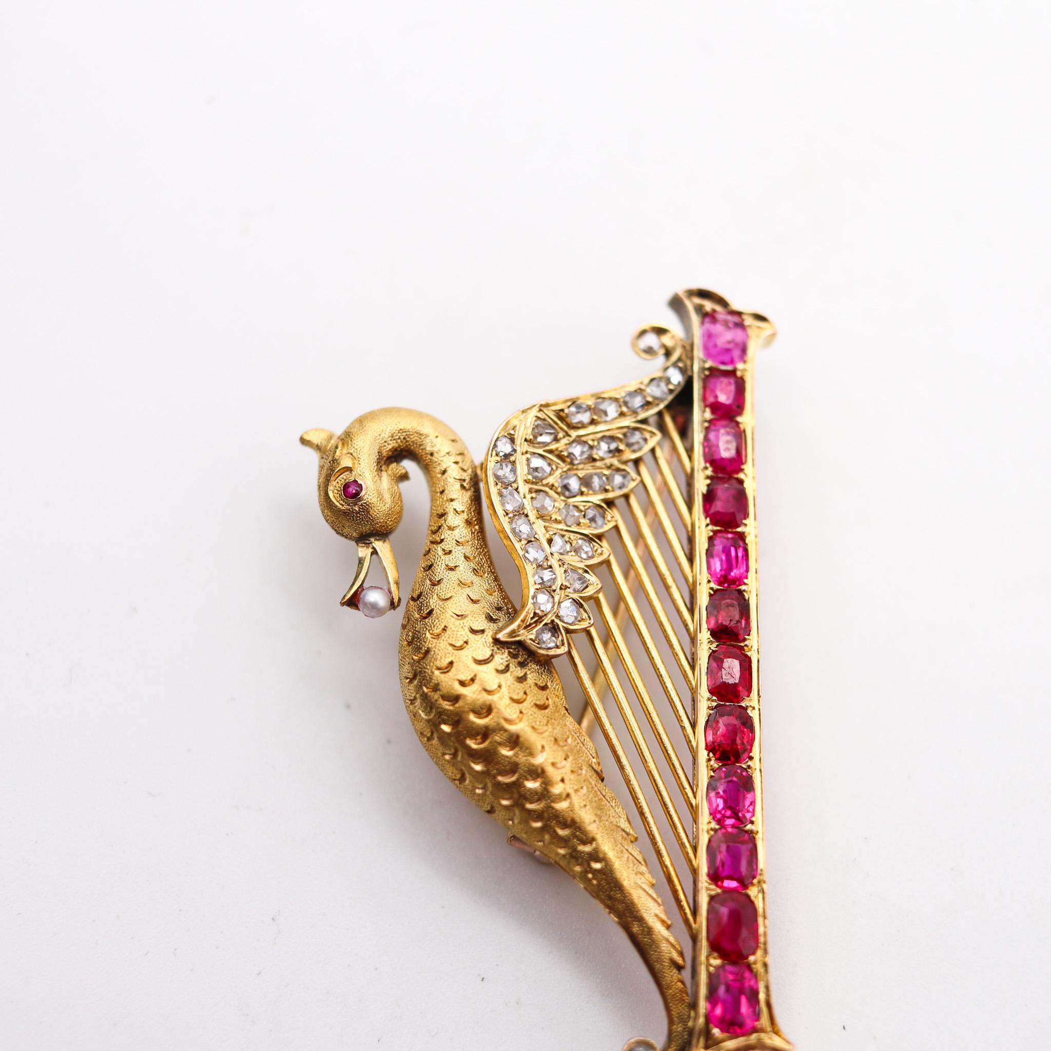 Women's or Men's French 1890 Art Nouveau Swan Arp Brooch 18Kt Gold With 5.05 Ctw Rubies Diamonds For Sale