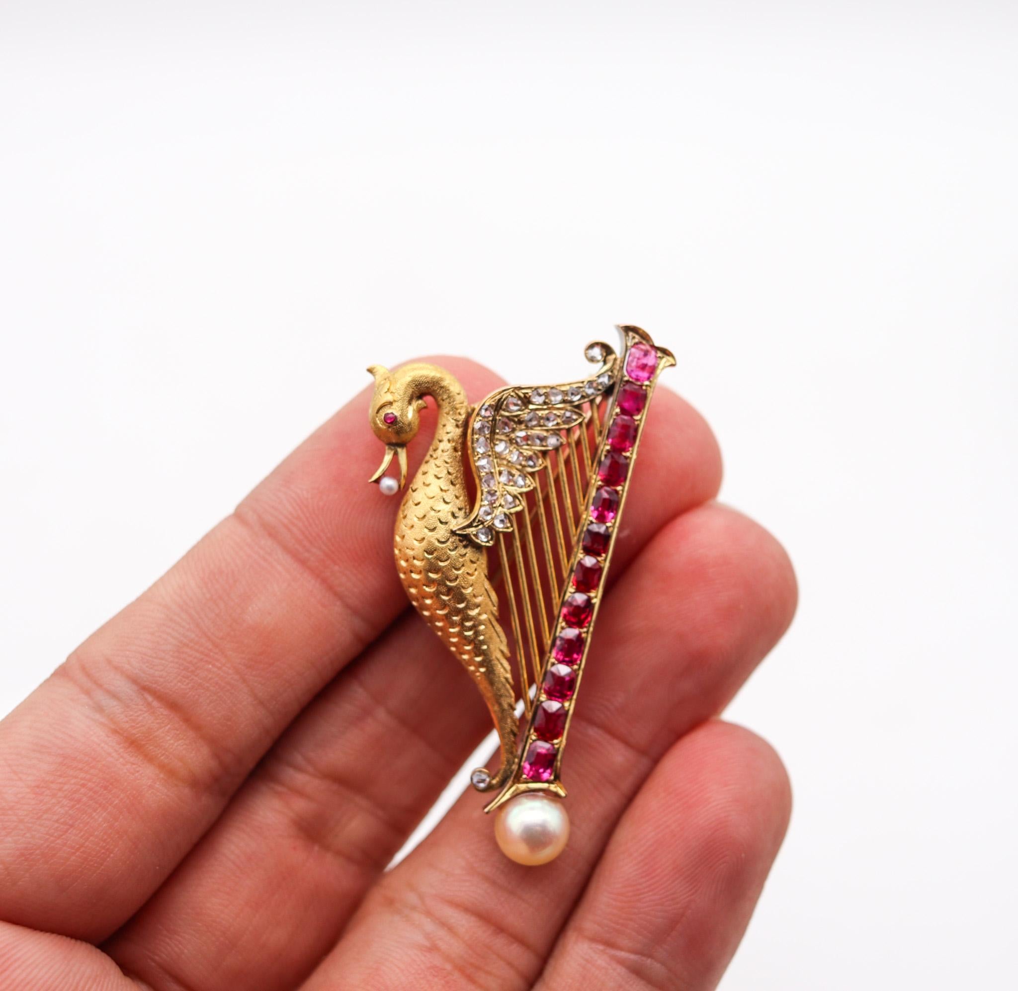 French 1890 Art Nouveau Swan Arp Brooch 18Kt Gold With 5.05 Ctw Rubies Diamonds For Sale 2