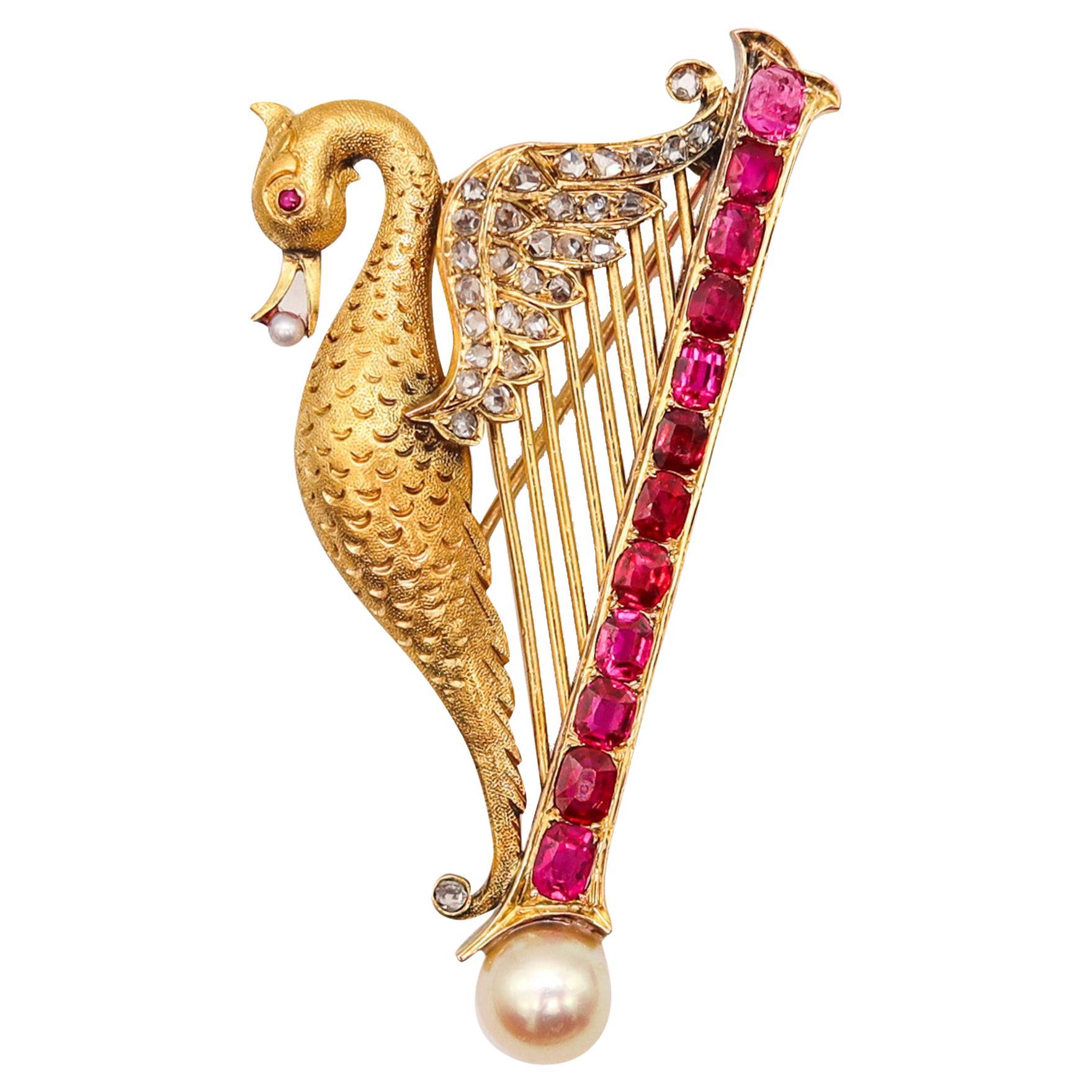 French 1890 Art Nouveau Swan Arp Brooch 18Kt Gold With 5.05 Ctw Rubies Diamonds For Sale