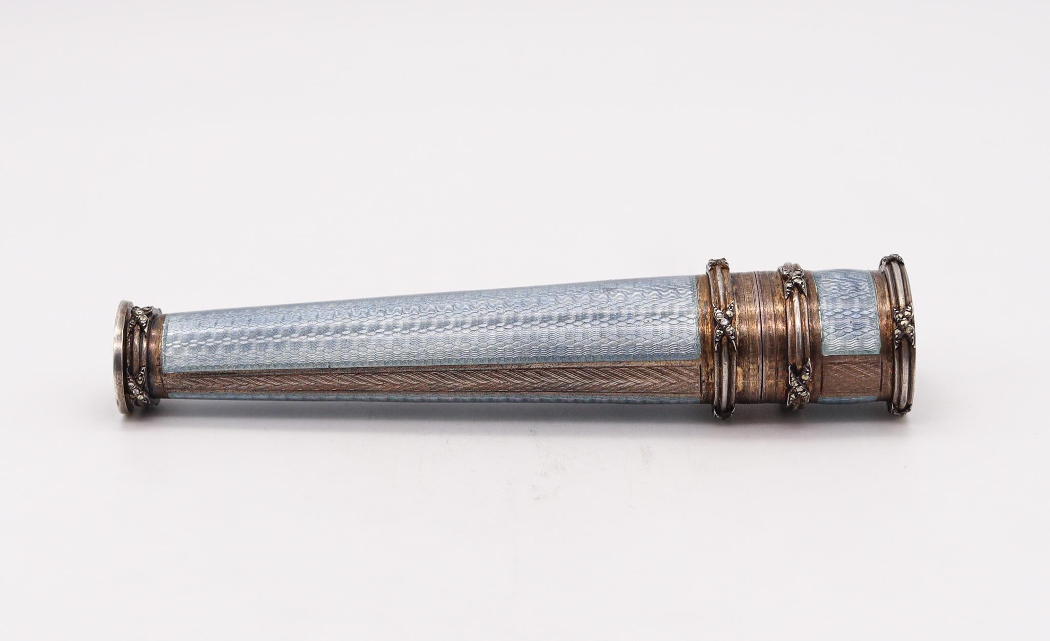 Late 19th Century French 1890 Etui Sealing Wax Case with Guilloche Blue Enamel in Sterling Silver