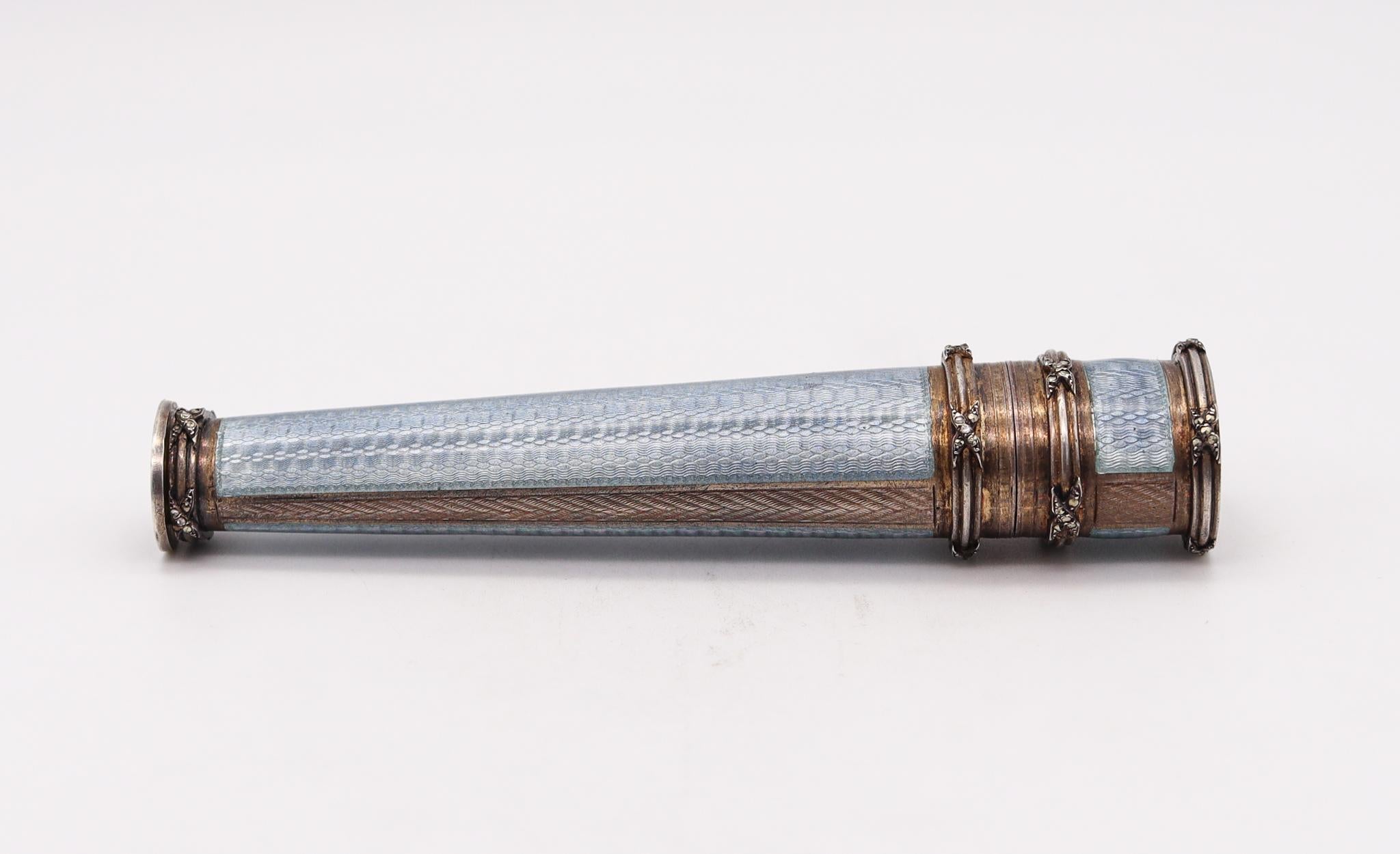 Late 19th Century French 1890 Etui Sealing Wax Case with Guilloche Blue Enamel in Sterling Silver  For Sale