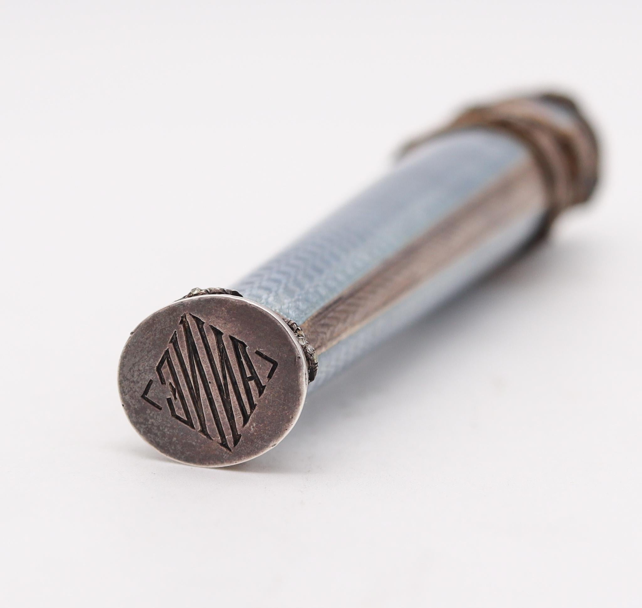 French 1890 Etui Sealing Wax Case with Guilloche Blue Enamel in Sterling Silver 1