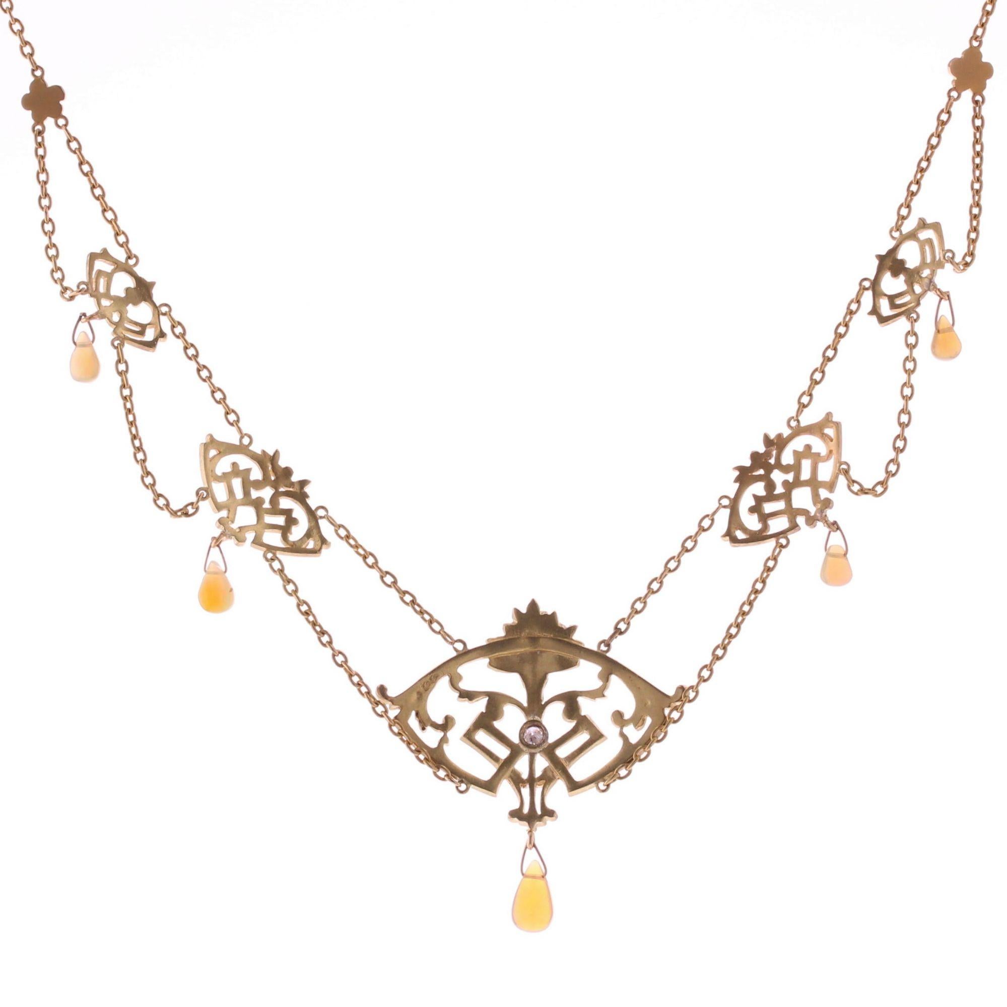 Women's French 1890s Art Nouveau Opal Diamond 18 Karat Yellow Gold Necklace For Sale