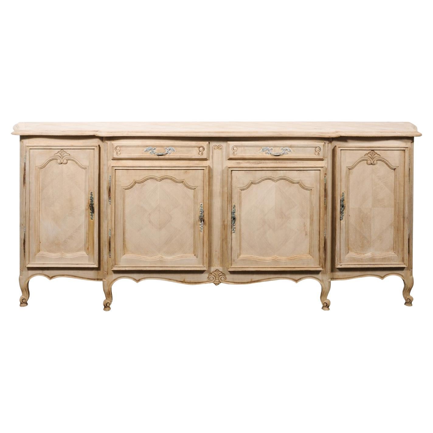 French 1890s Bleached Carved Wooden Enfilade with Parquet Top and Quarter Veneer