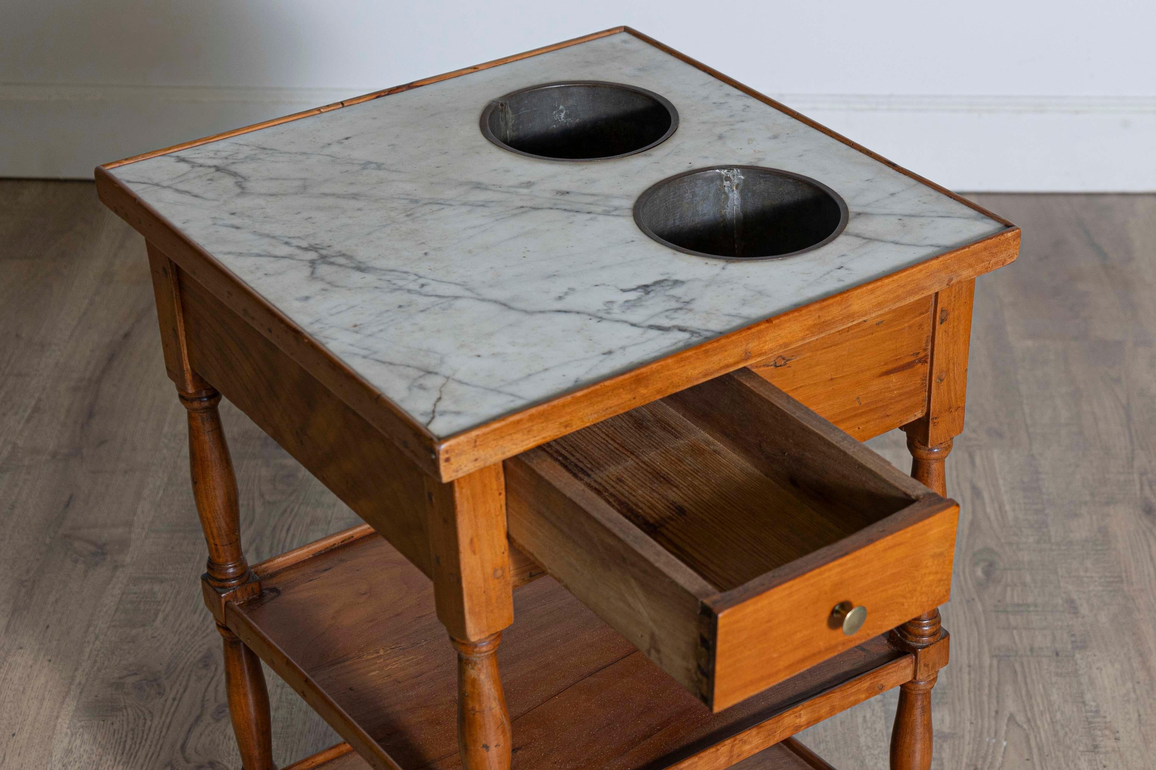 19th Century French 1890s Cherry Rafraichissoire Wine Table with White Vined Marble Top For Sale