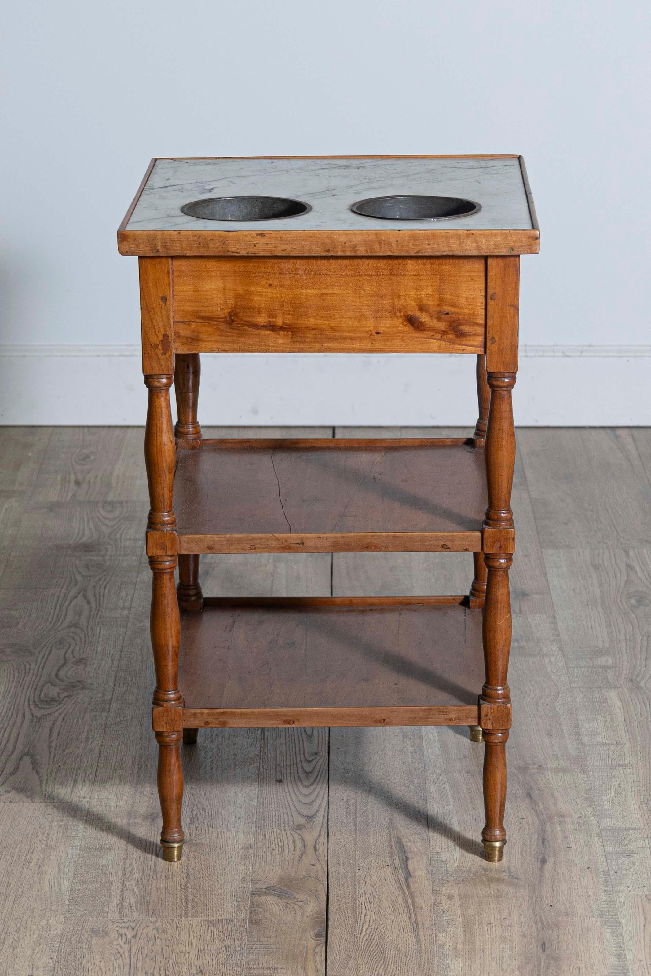 Brass French 1890s Cherry Rafraichissoire Wine Table with White Vined Marble Top For Sale