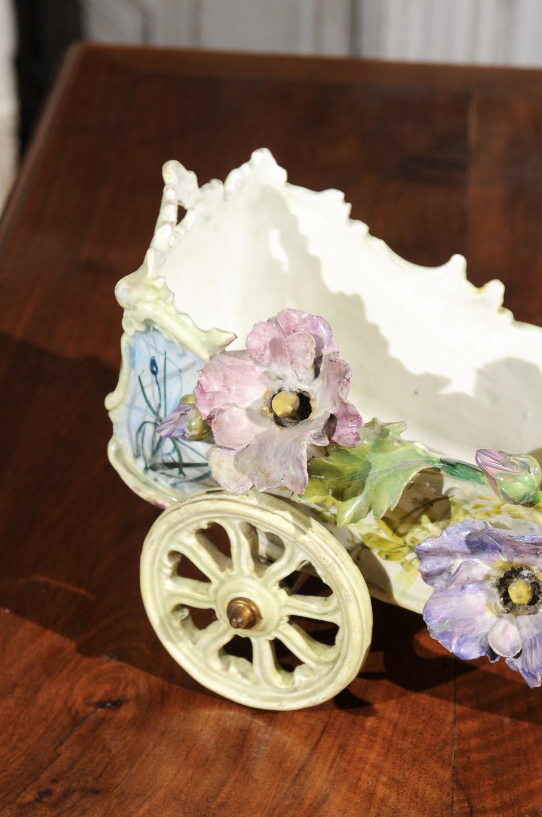 Hand-Painted French 1890s Decorative Majolica Wagon with Barbotine Décor of Pastel Flowers