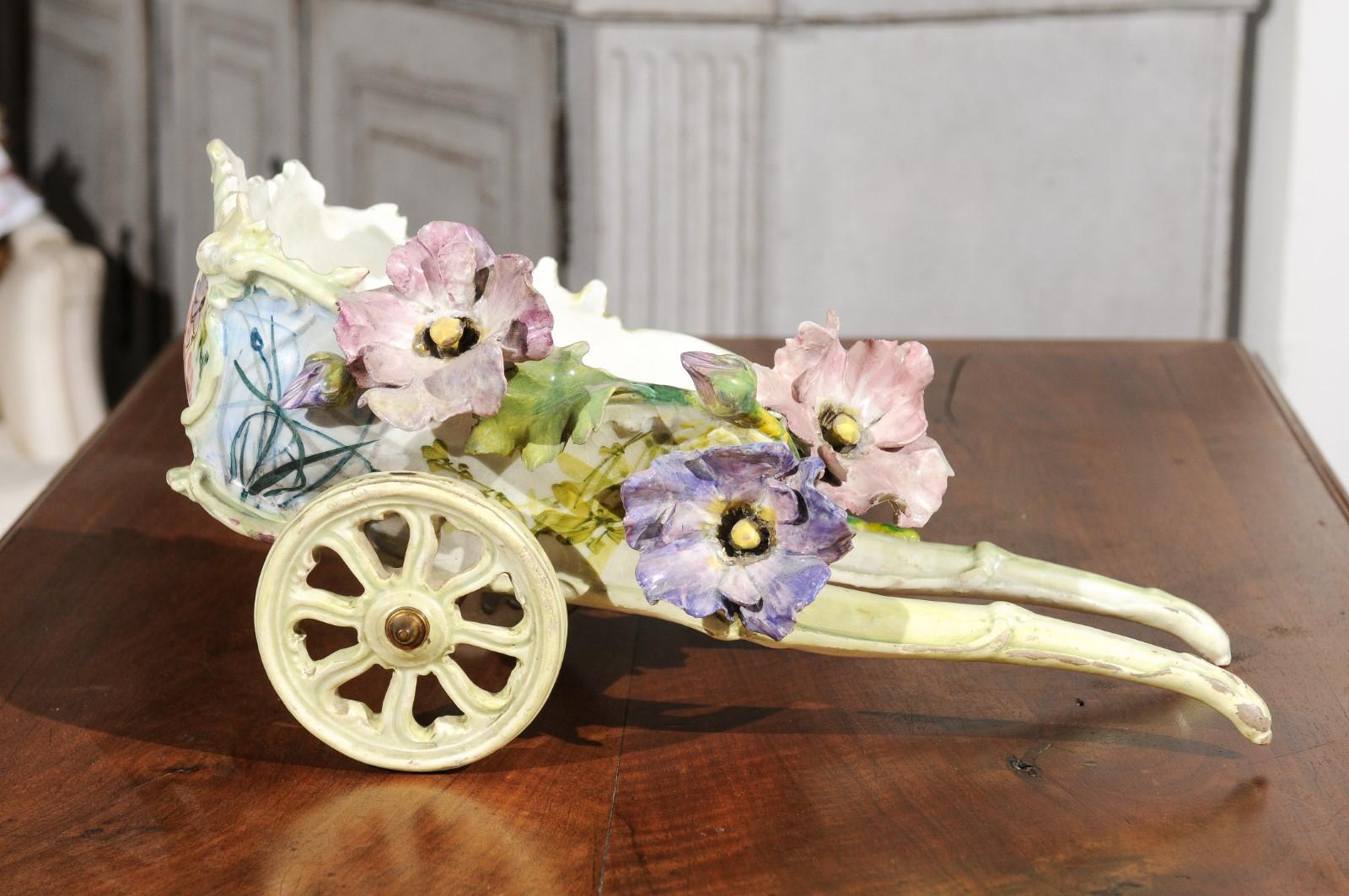 19th Century French 1890s Decorative Majolica Wagon with Barbotine Décor of Pastel Flowers