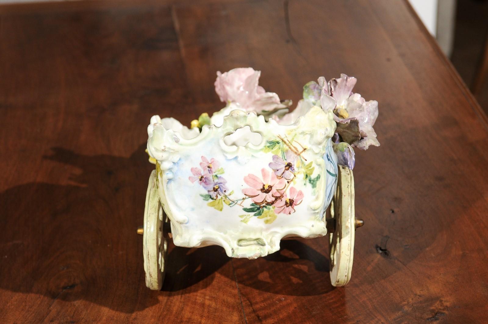 French 1890s Decorative Majolica Wagon with Barbotine Décor of Pastel Flowers 1