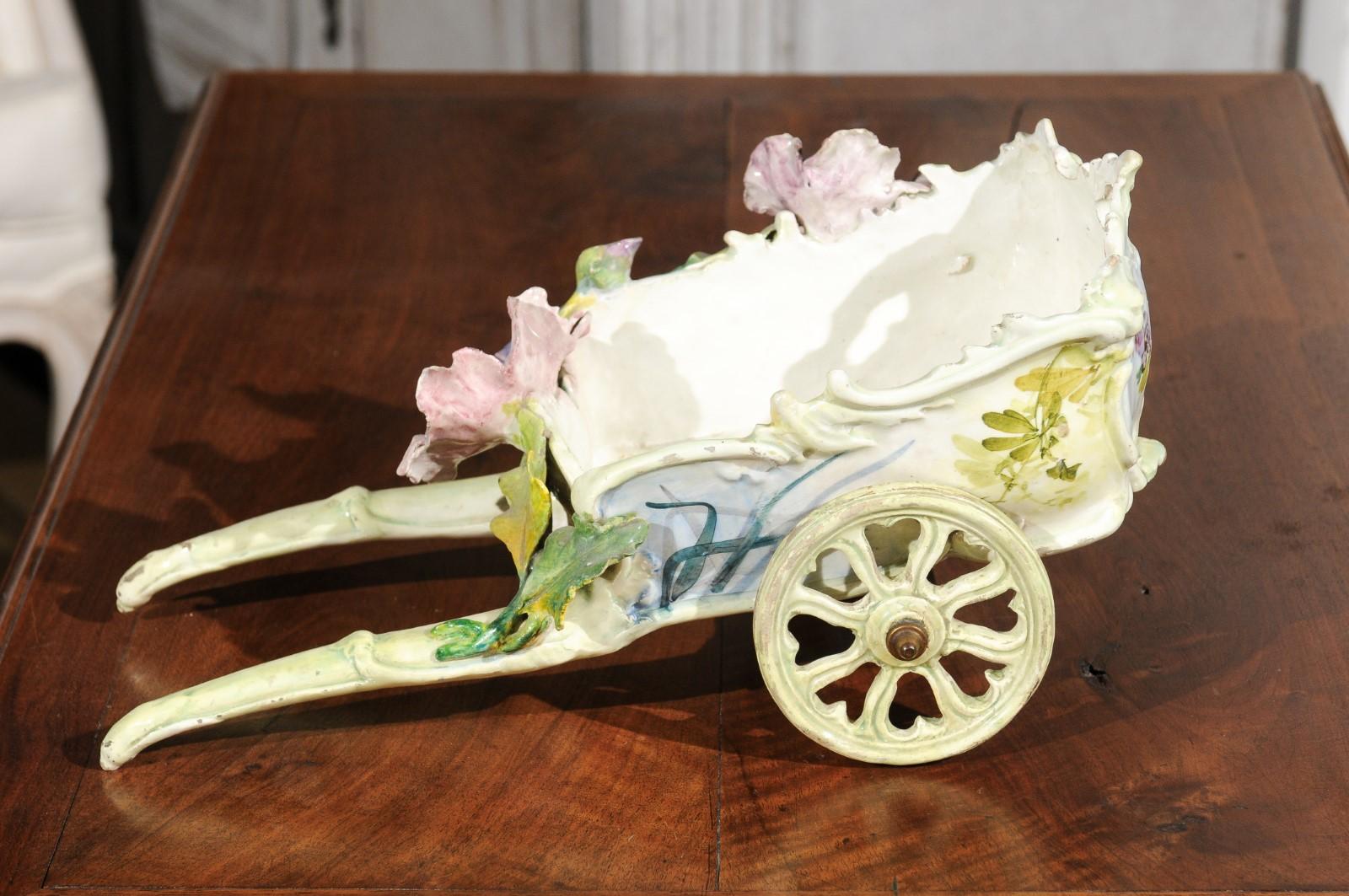 French 1890s Decorative Majolica Wagon with Barbotine Décor of Pastel Flowers 2