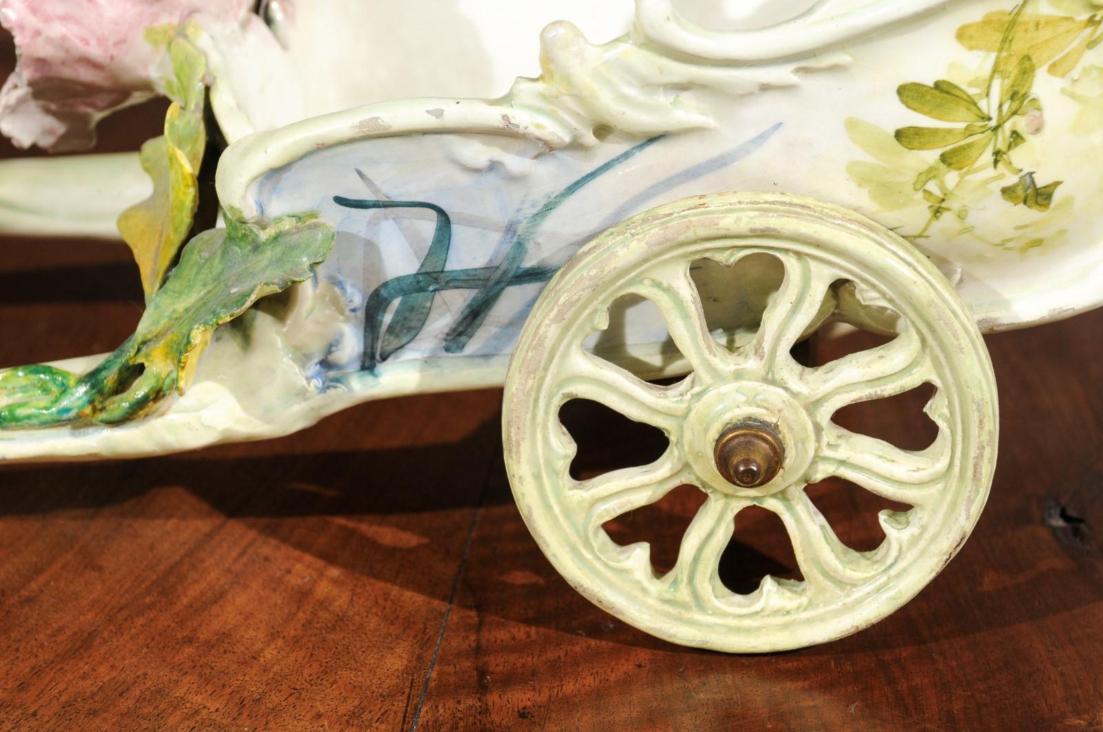 French 1890s Decorative Majolica Wagon with Barbotine Décor of Pastel Flowers 3