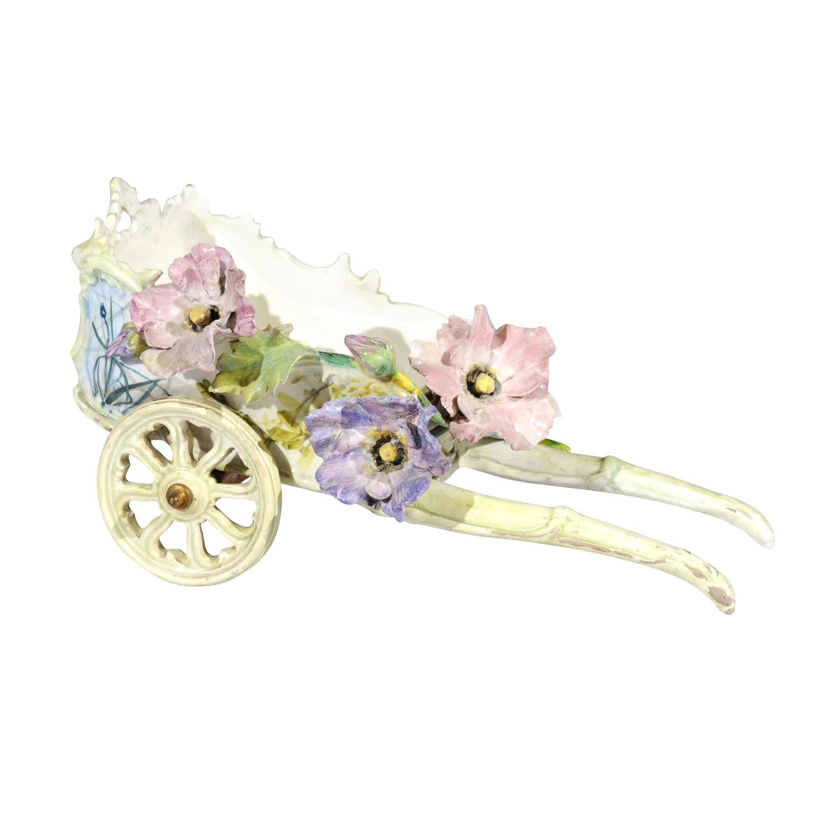 French 1890s Decorative Majolica Wagon with Barbotine Décor of Pastel Flowers