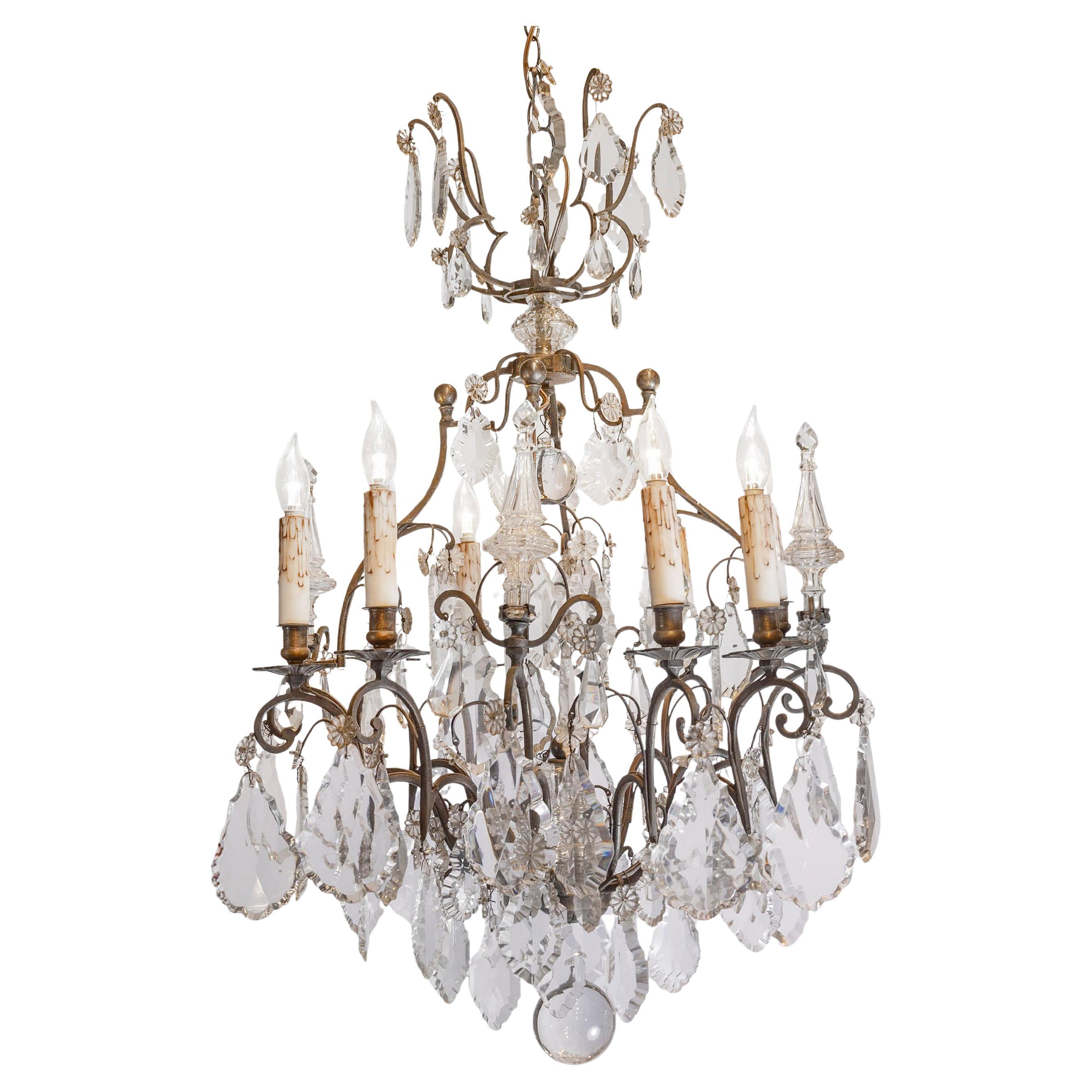 French 1890s Eight-Light Crystal Chandelier with Bronze Armature and Obelisks
