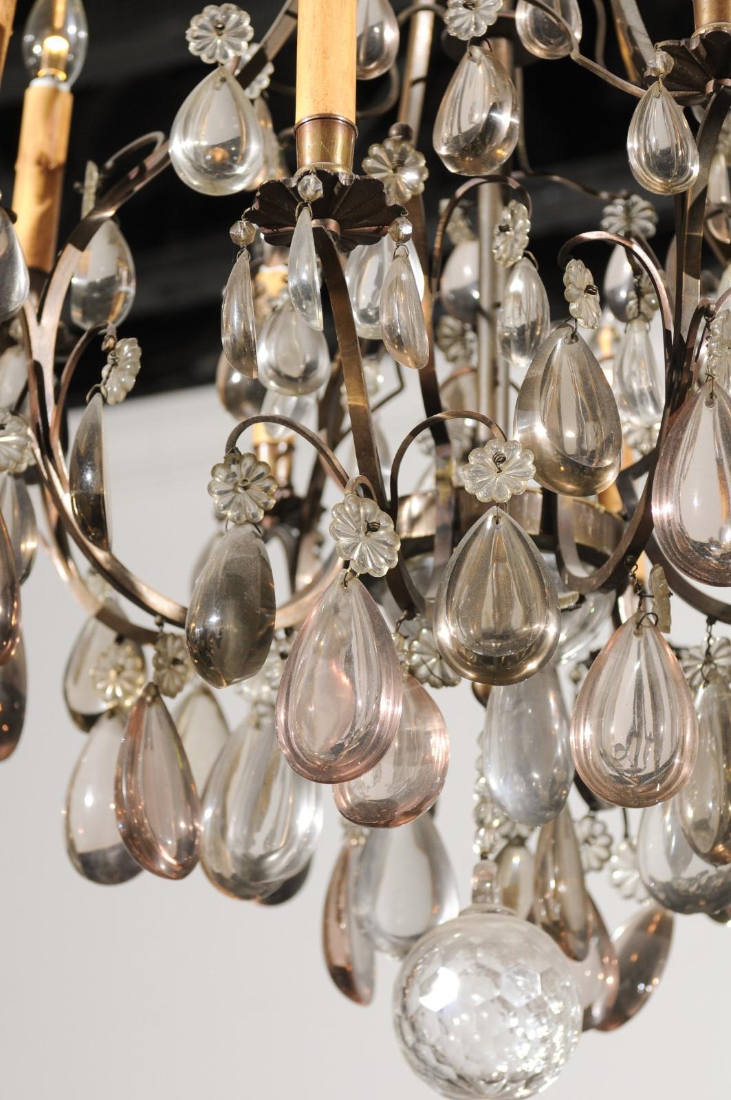 French 1890s Eight-Light Steel Chandelier with Clear and Smoky Crystals For Sale 4