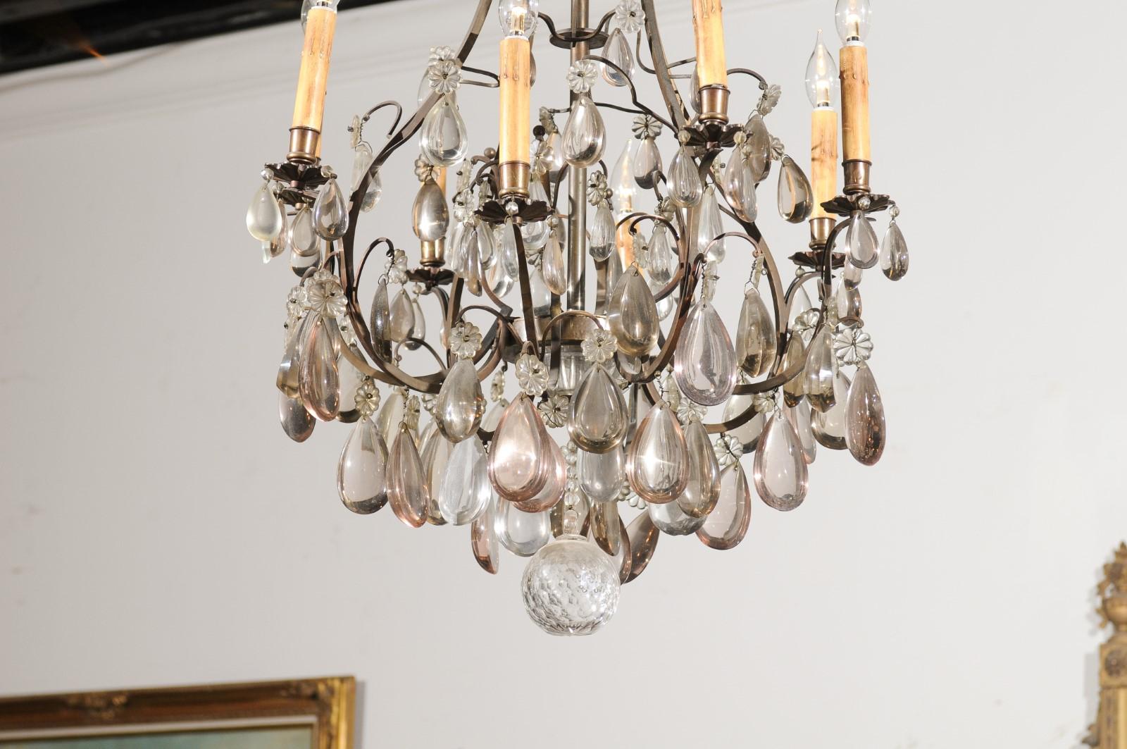 Belle Époque French 1890s Eight-Light Steel Chandelier with Clear and Smoky Crystals For Sale