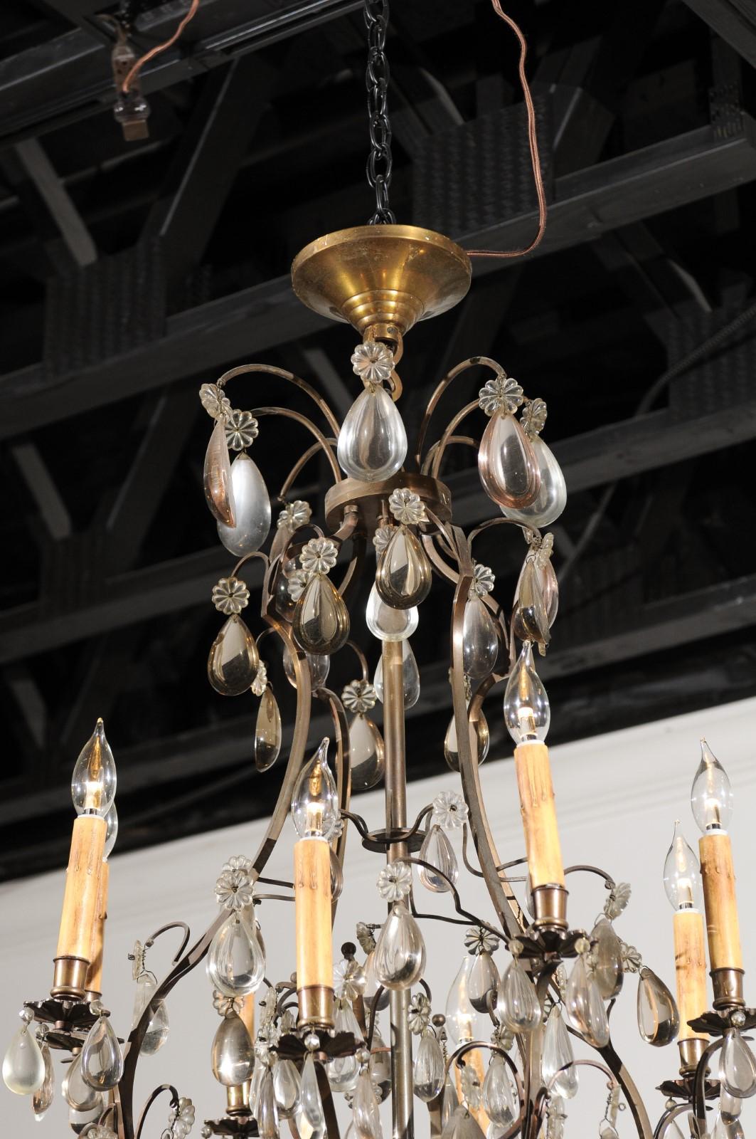 19th Century French 1890s Eight-Light Steel Chandelier with Clear and Smoky Crystals For Sale