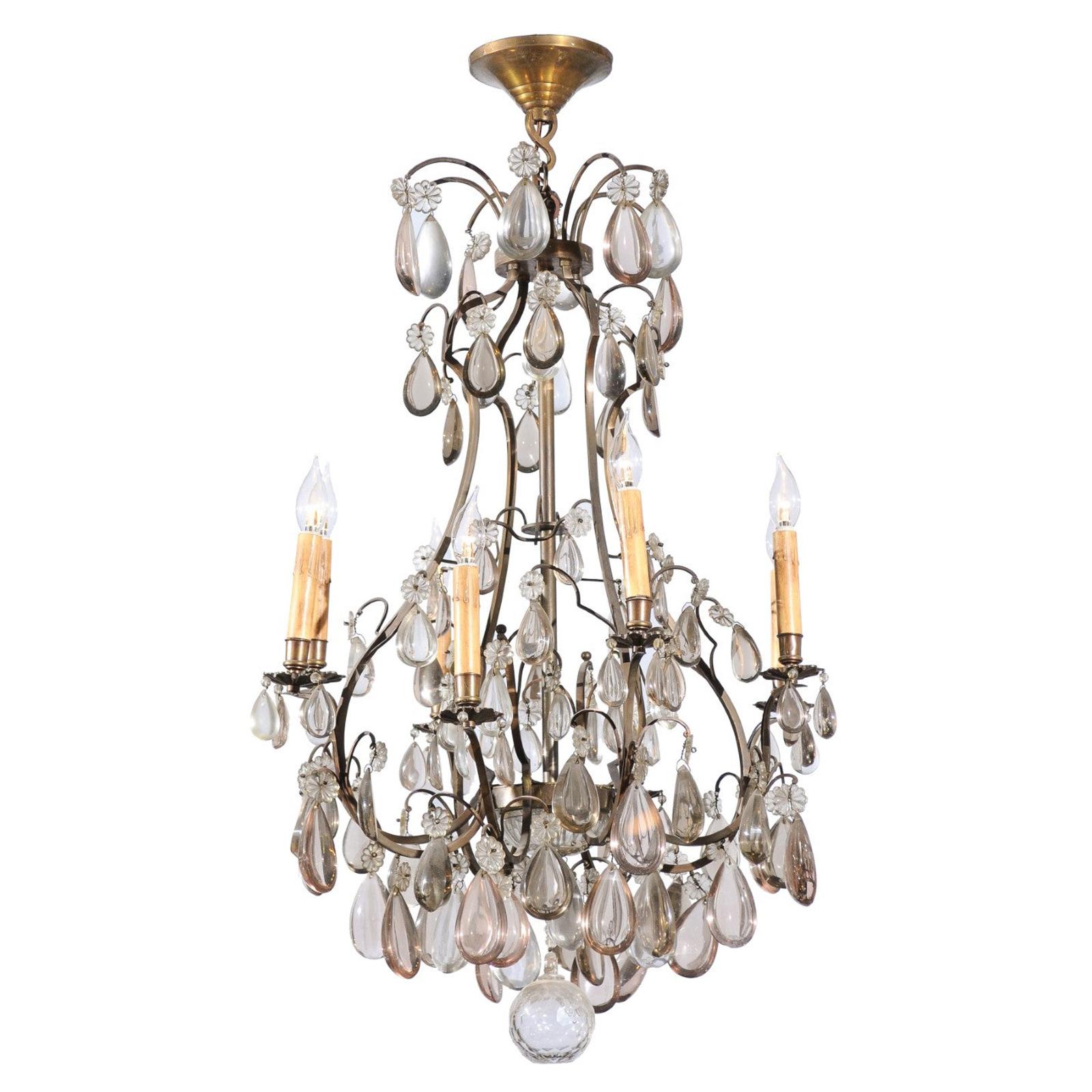 French 1890s Eight-Light Steel Chandelier with Clear and Smoky Crystals For Sale