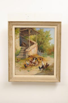 French 1890s Framed Oil on Canvas Painting Depicting Chickens in a Barnyard
