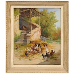 Antique French 1890s Framed Oil on Canvas Painting Depicting Chickens in a Barnyard